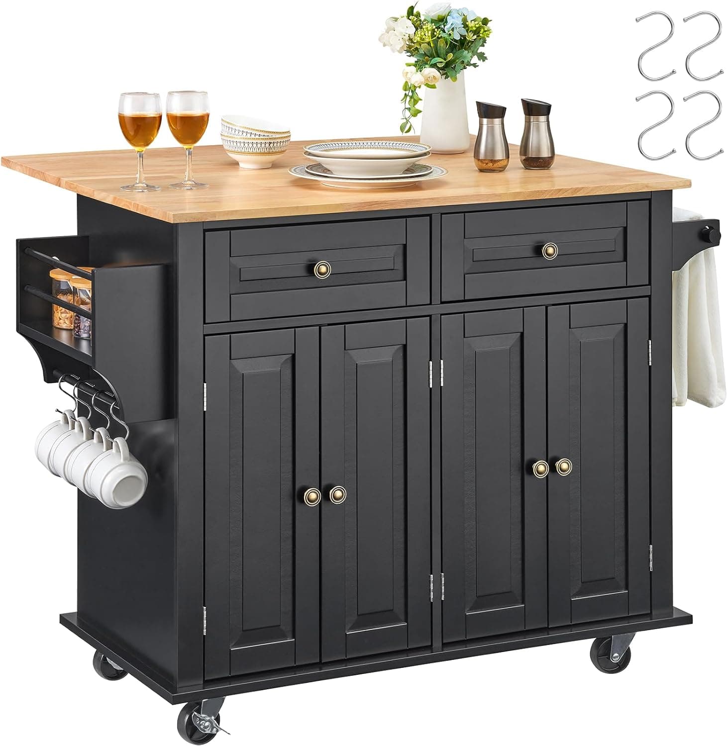 VEVOR Kitchen Island Cart, 35" Wood Top Mobile Carts with Storage Cabinet, Rolling Table with Drop Leaf, Spice Rack, Towel Bar, Adjustable Shelf, Drawer, and Hooks, Portable Islands on Wheels, Black