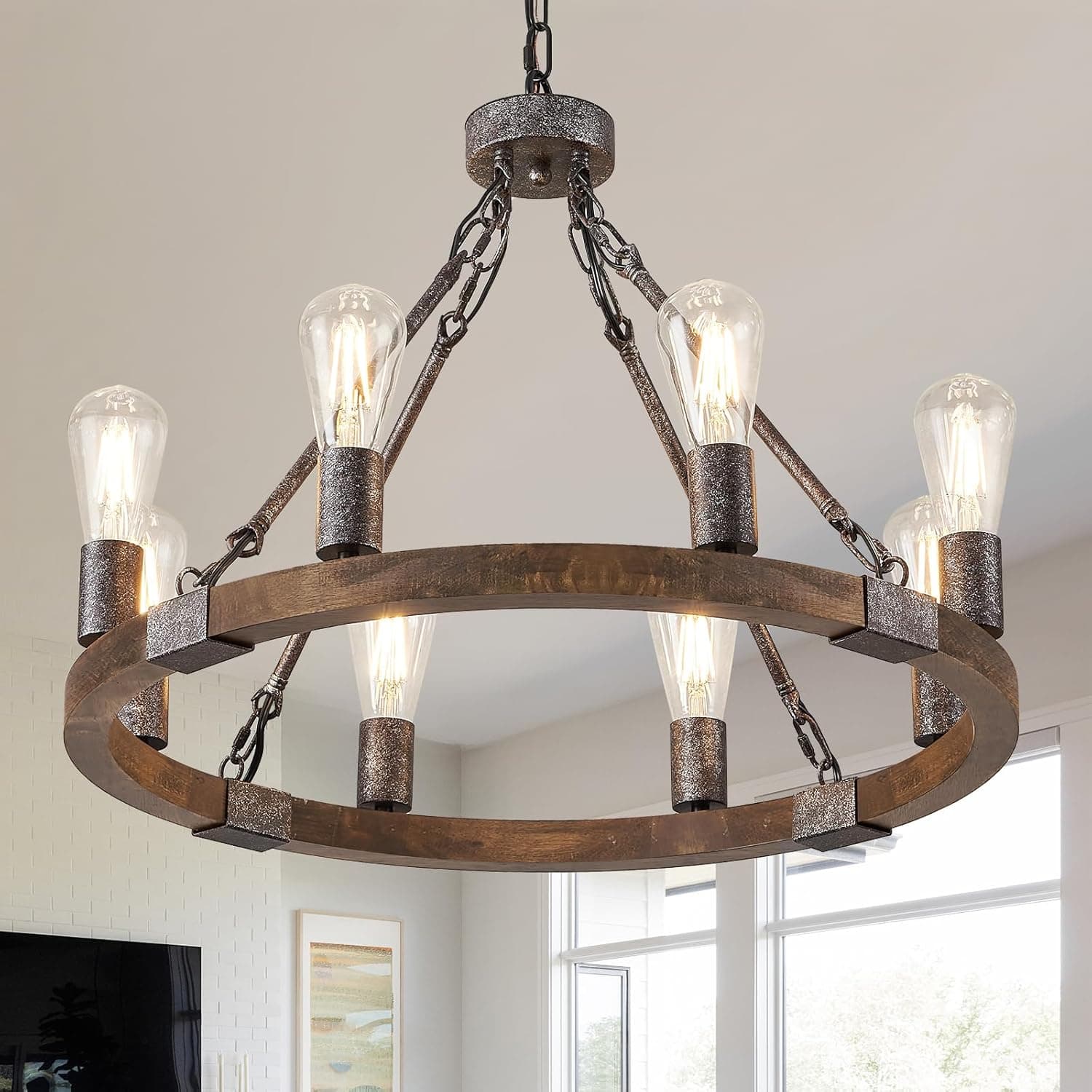 Farmhouse Wagon Wheel Chandelier 23.6" Black Rustic Light Fixtures 8-Light Wood Round Chandelier for Dining Room Kitchen Entryway Foyer
