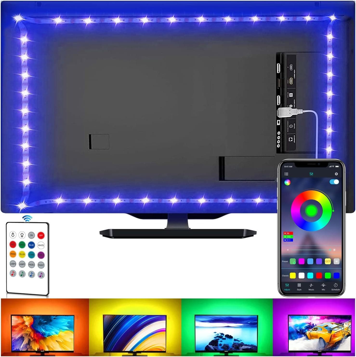 LED Strip Lights for TV, USB TV Backlight Kit with Remote, APP Control Sync to Music, 5050 RGB LED Bias Lighting for HDTV, PC and Mirror (16.4ft for 55"-75" TV)