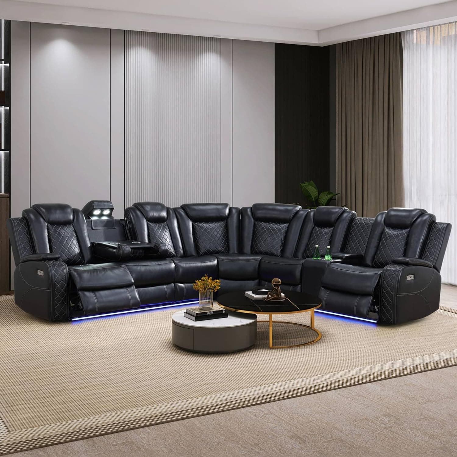 Black Leather Power Reclining Sectional Sofa,Sectional Couch with Recliner Living Room Set with LED Light/Read Light/Storage Console/Home Theater Seat