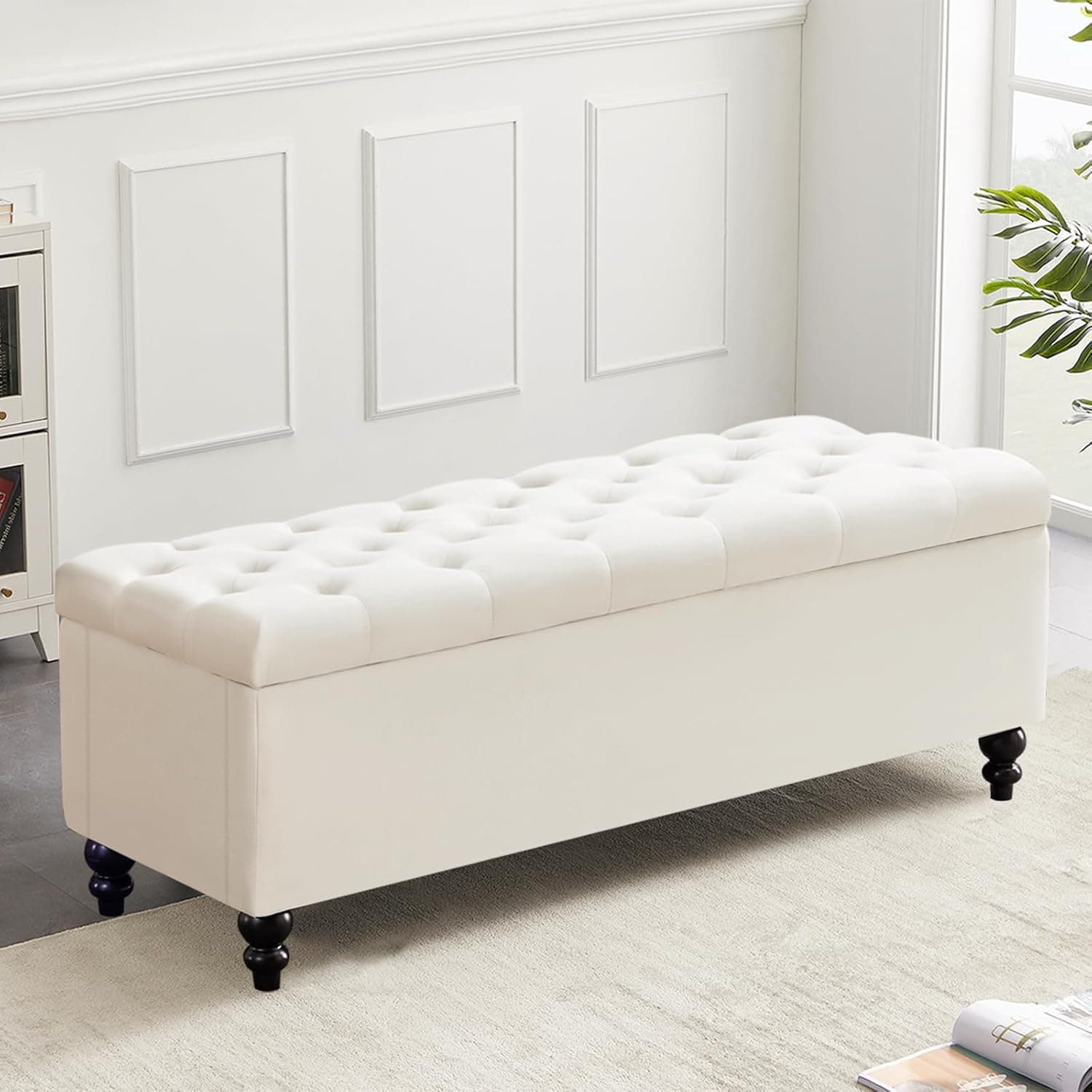 Ottoman with Storage,50.2-inch Upholstered End of Bed Storage Bench for Bedroom,for The Living Room,for Entryway, with Button and Safety Hinges,Detachable (White)