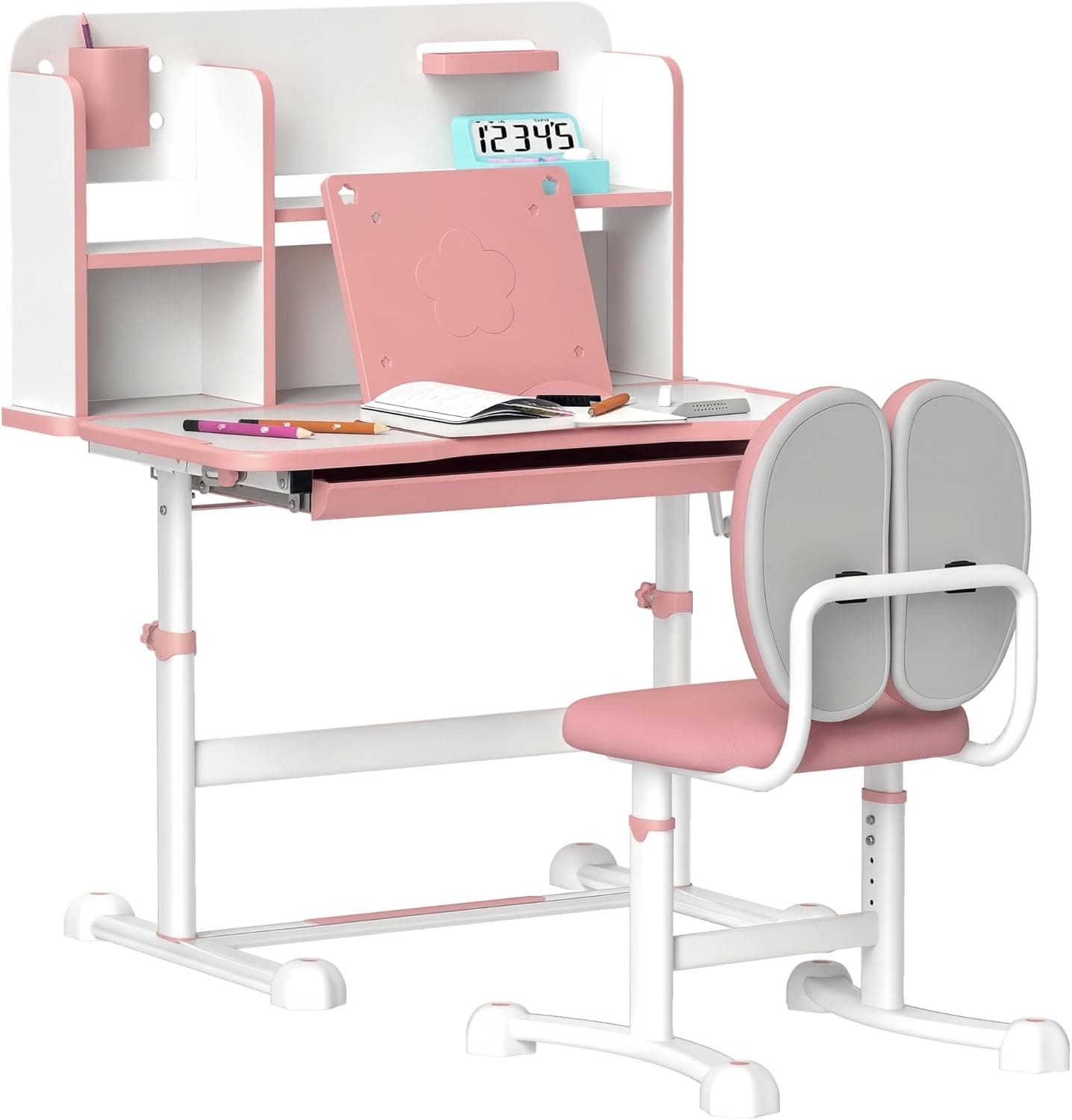 Qaba Kids Desk and Chair Set, Height Adjustable Kids School Study Desk and Chair Set with Tilt Desktop, Storage Drawer and Reading Rack for Writing, Reading and Drawing, Pink