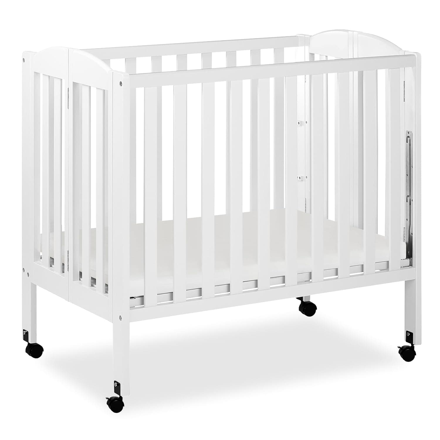 Dream On Me 3 in 1 Portable Folding Stationary Side Crib in White, Greenguard Gold Certified, Safety Wheel with Locking Casters, Convertible, 3 Mattress Heights