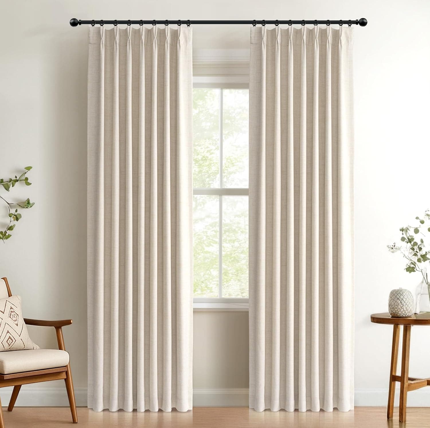 100% Blackout Shield Linen Look Textured Pinch Pleated Curtains Blackout Drapes 108 Inch Long 2 Panels Set, Faux Linen Blackout Curtains for Bedroom & Living Room, 40" W x 108" L, Cream