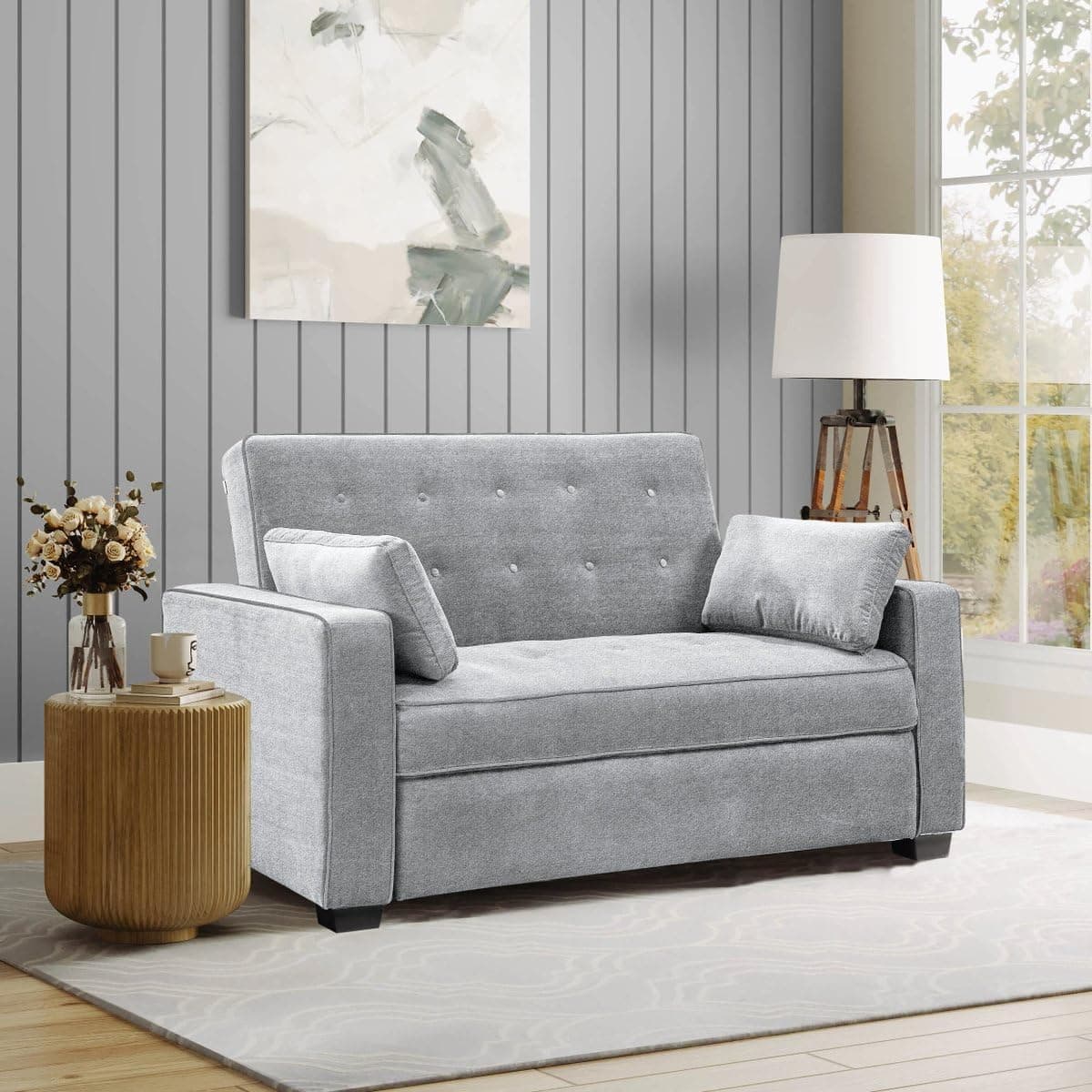 Serta Ainsley 72.6" Convertible Sleeper Sofa, Queen Size, Dreamcoil Comfort, Soft Woven Fabric, Light Grey