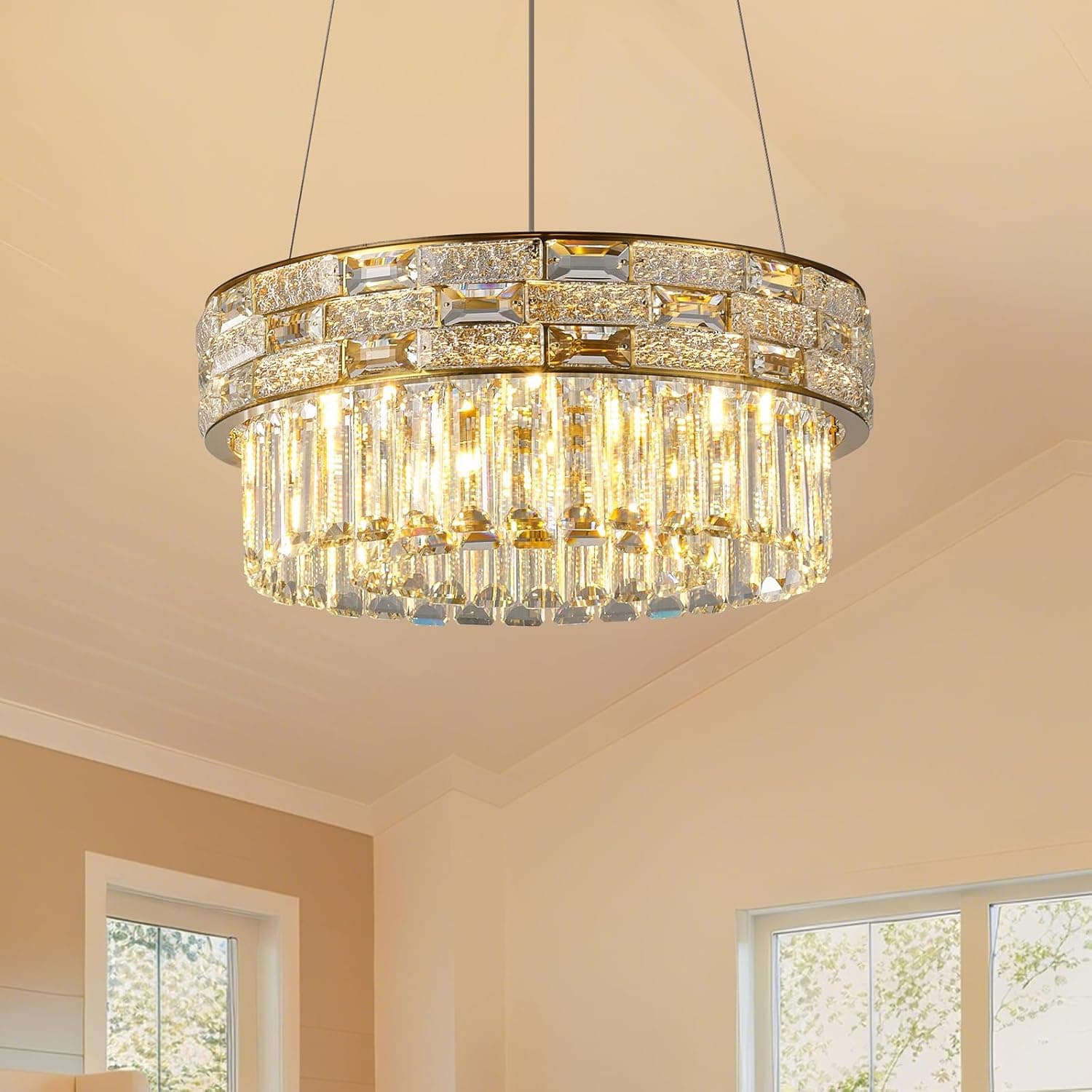 Crystal Chandeliers, 16.5" 6-Light Gold Chandelier for Dining Room, Round Chandelier for Living Room 3 Color Temperatures, Hanging Lights Pendant Light Fixture Kitchen Island Entryway Foyer