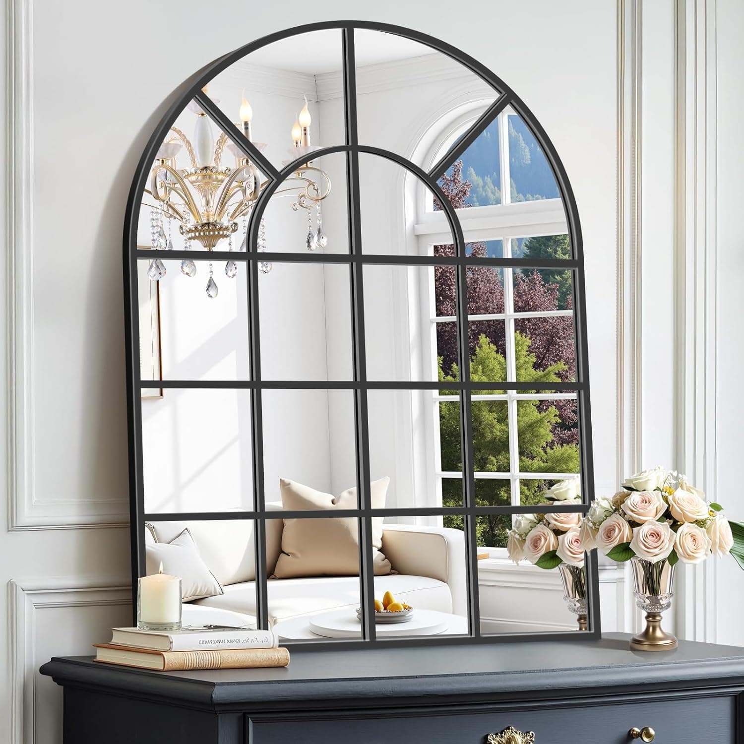 Koonmi Black Arched Window Mirror, 40"x30" Pane Mirrors, Farmhouse Decorative Grid Mirrors for Bathroom, Living Room, Bedroom, Entryway, Vanity, Fireplace, Grid Mirror Wall Decor