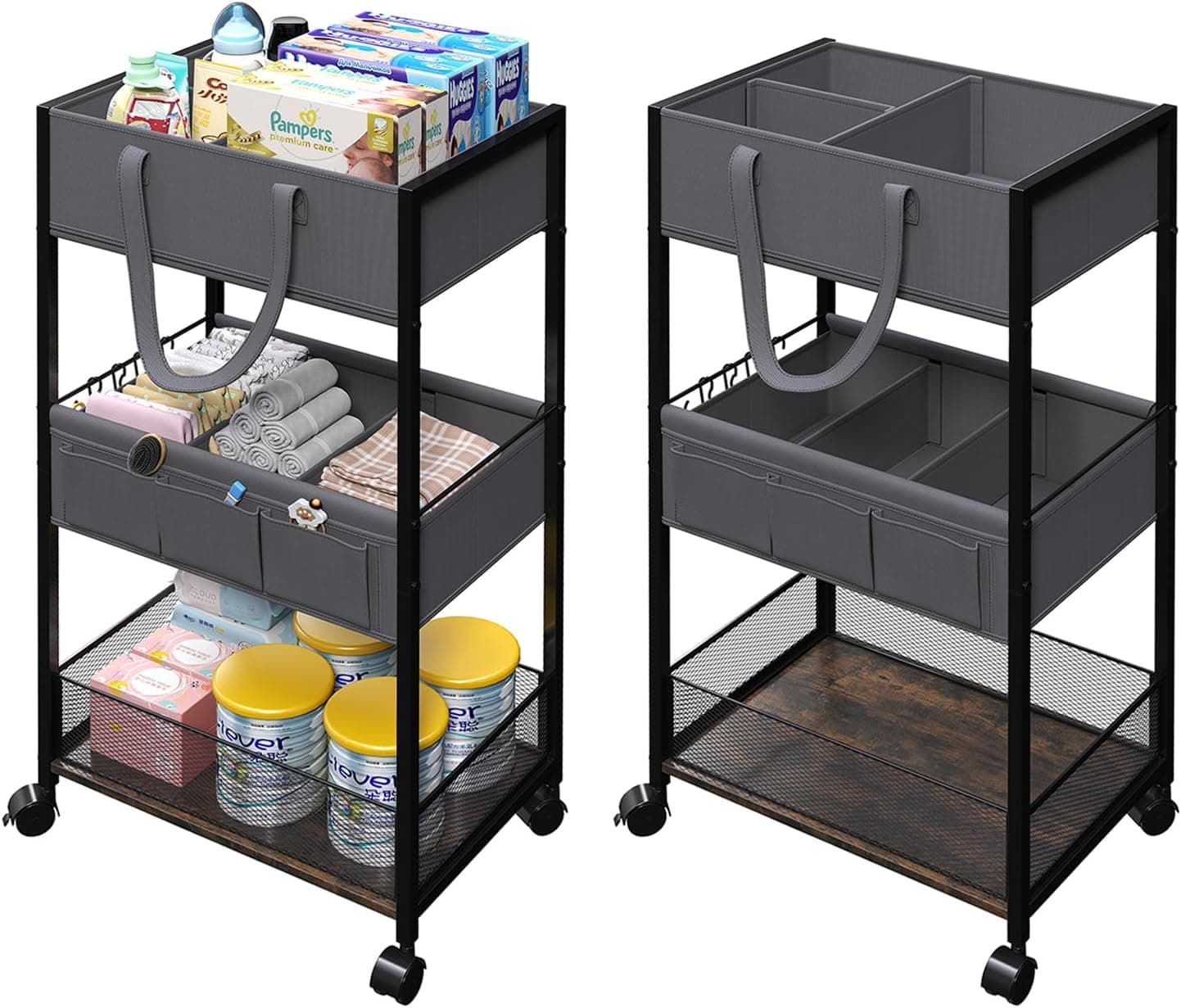 Diaper Caddy Organizer and Storage, 3-Tier Baby Storage Organizers with 2+2 Dividers, Large Capacity Diaper Rolling Cart for Nursery, Diaper Caddy Cart for Crib, Bedroom, Bathroom