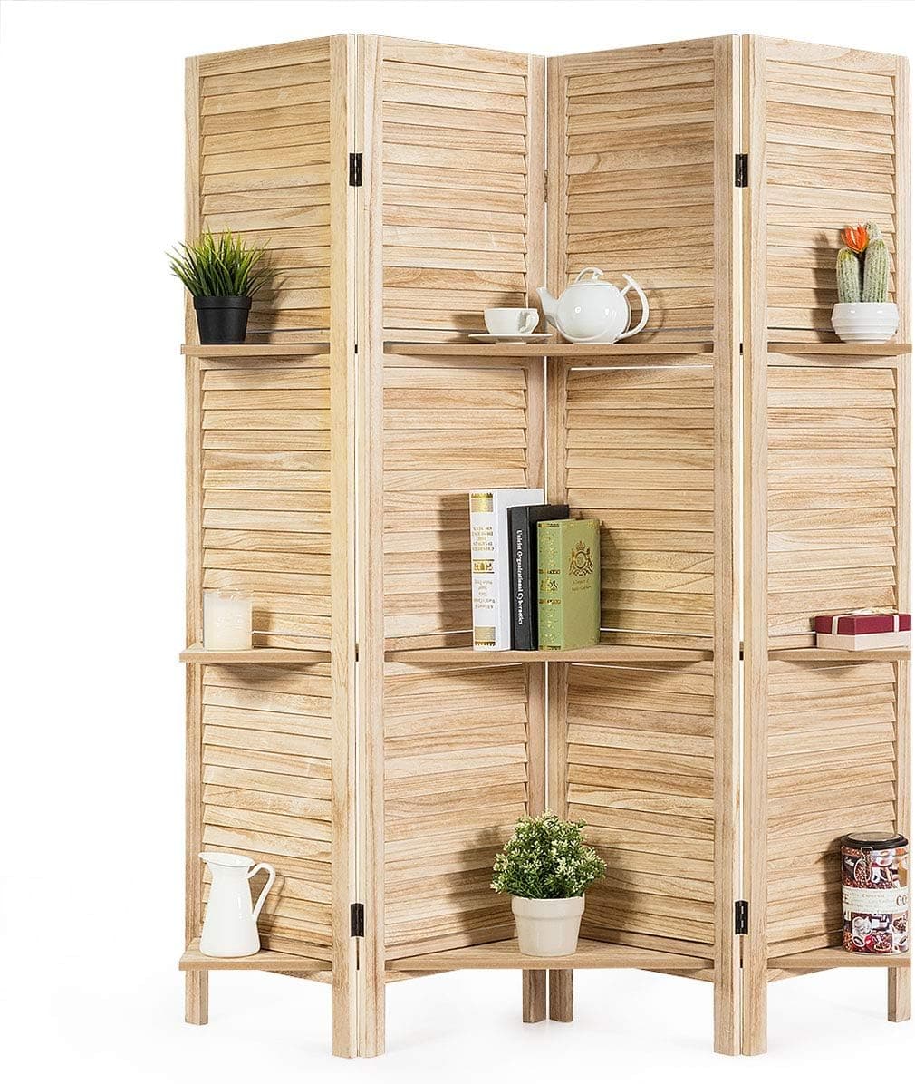 Giantex Room Divider with Shelves, 4 Panel Room Dividers and Folding Privacy Screens, Room Separators Divider Wall, Divider for Room Partition Separation, 5.6Ft Foldable Room Divider Screen, Natural