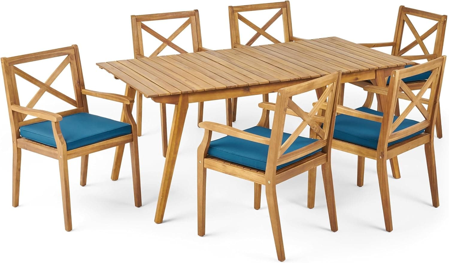 Christopher Knight Home Mesa Outdoor 6 Seater Acacia Wood Dining Set with Water Resistant Cushions, 21.25 "W x 23.25 "D x 35.5 "H, Teak + Blue