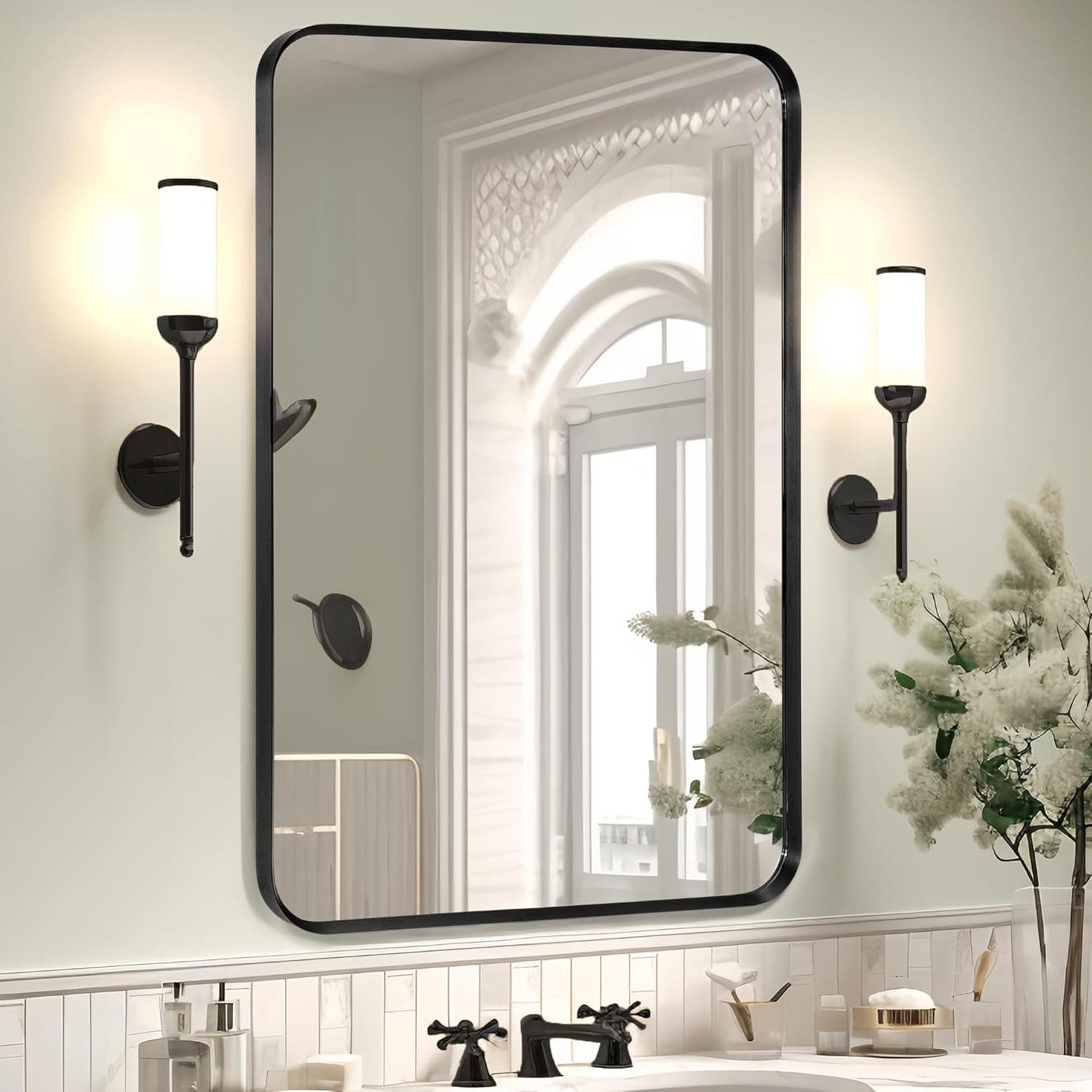 Wall Mount Mirror for Bathroom, Brushed Black Metal Framed Rounded Corner Rectangular Vanity Mirror (24" x 36", Black)