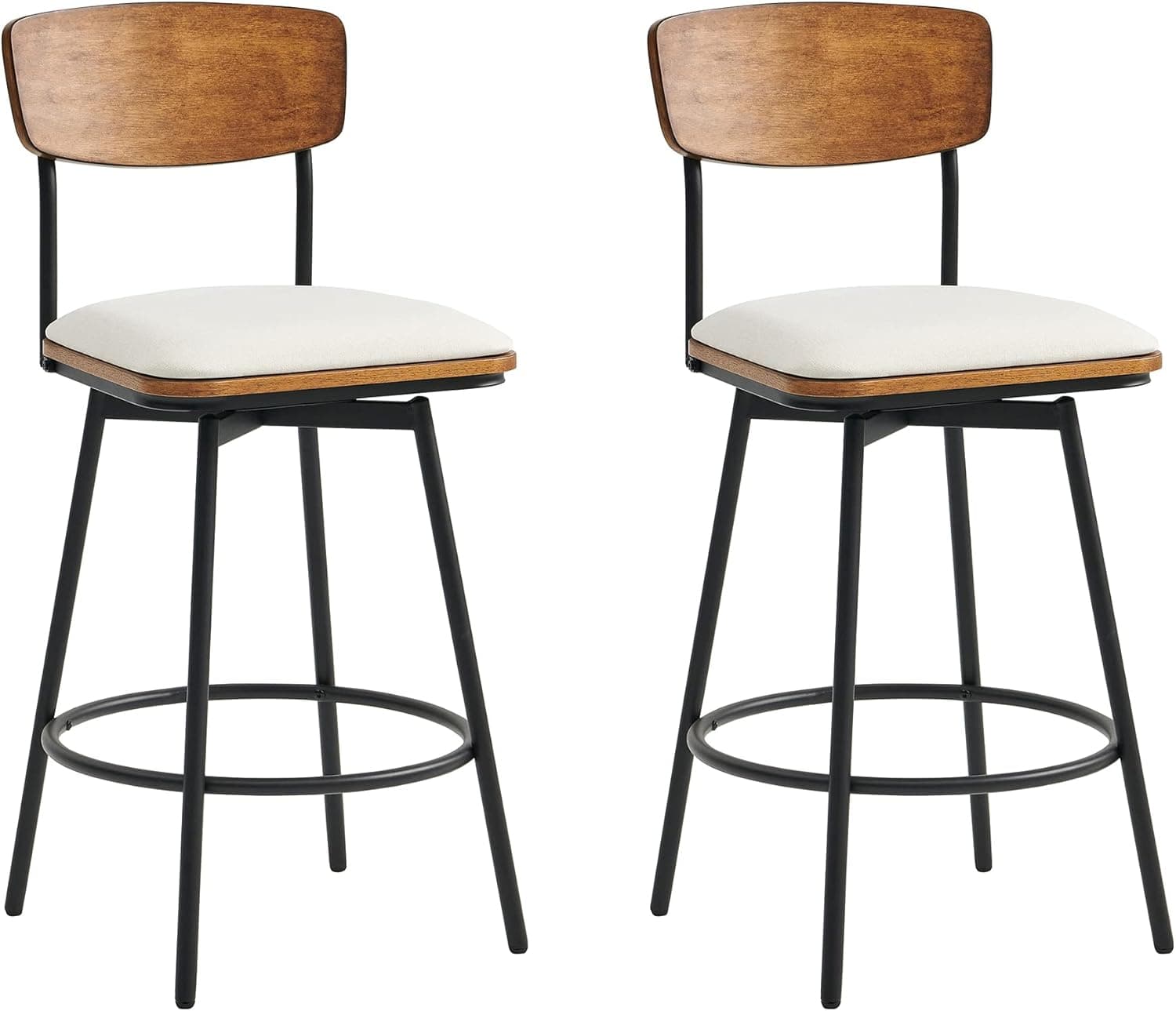 CHITA Swivel Counter Height Bar Stools, Fabric Upholstered Barstools Set of 2, 27" Seat Height, Metal & Wood Frame, Cream