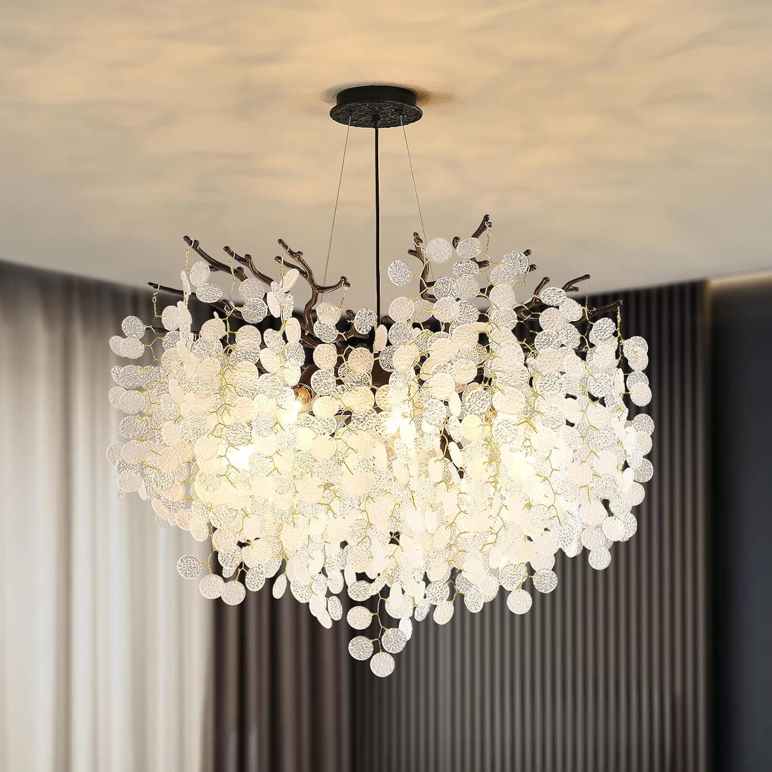 Black Round Crystal Chandelier 24-Inch, 8-Light Capiz Shell Chandeliers for Dining Room, Hanging Adjustable Height Tree Branch Light Fixture for Hallway, Entryway, Stairwell, Living Room