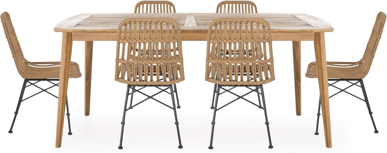 Christopher Knight Home Florence Outdoor 6 Seater Wicker Dining Set, Light Brown, Teak Finish