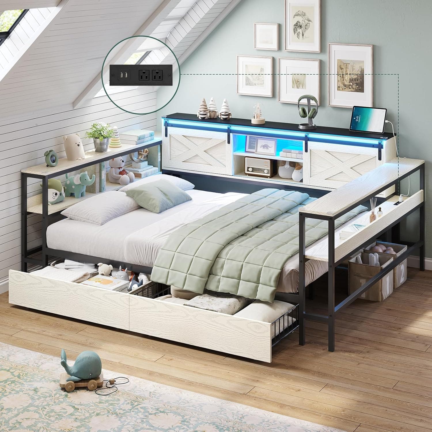 DICTAC Corner Full Bed Frame with Storage Drawers and Charging Station Farmhouse Metal Platform Bed Frame with Sliding Barn Doors and Led Lights Full Daybed with Storage Headboard,Black & White