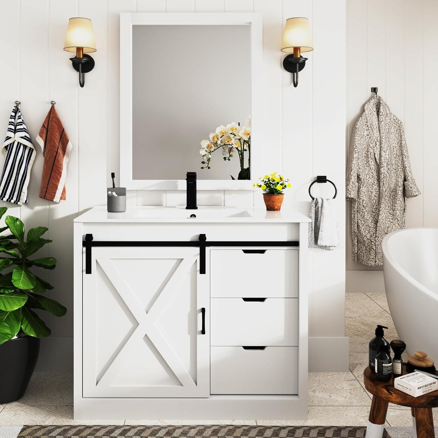 36 Inch Bathroom Vanity with Sink & Faucet & Mirror, Farmhouse Bathroom Vanity Cabinet Set with Sliding Barn Door & Drawers, Small Single Bath Storage Vanity Sink, White