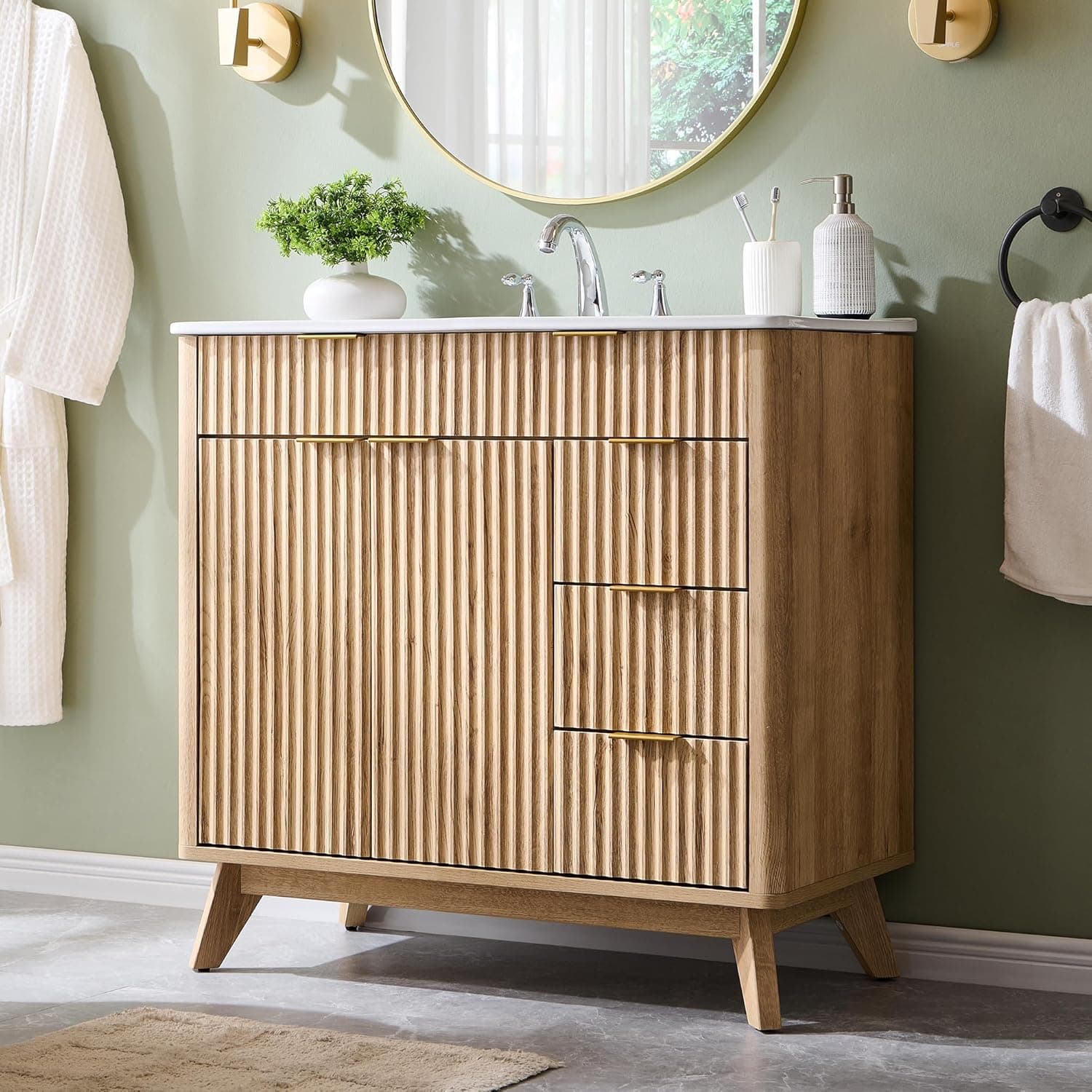 T4TREAM 36" Fluted Bathroom Vanity with Ceramic Sink Combo,Freestanding Modern Bathroom Storage Vanity Cabinet with 2 Soft Closing Doors & 3 Drawers,Wood Grain Texture,Metal Handle,Natural Oak