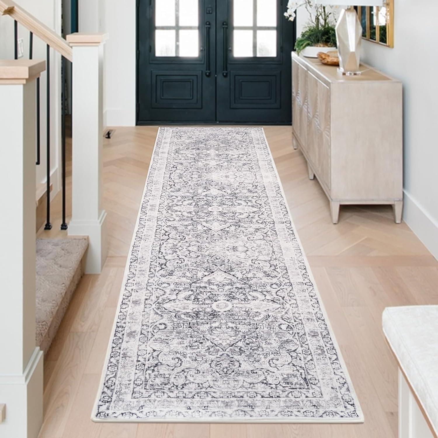 2x8 Hallway Washable Runner Rug : Vintage Soft Kitchen Bathroom Laundry Runner Non Slip Backing Farmhouse Entryway Floor Mat Stain Resistant Carpet for Bedroom Living Room Distressd Beside Rug(Gray)