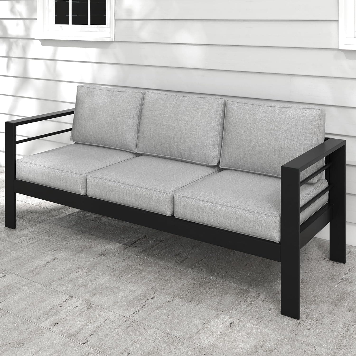 Kiss the Water Outdoor Couch Aluminum Patio Furniture Sofa, 3 Seat All-Weather Metal Patio Couch with 5" Thick and Soft Cushion and Wide Arm, Outdoor Sofa for Balcony, Porch
