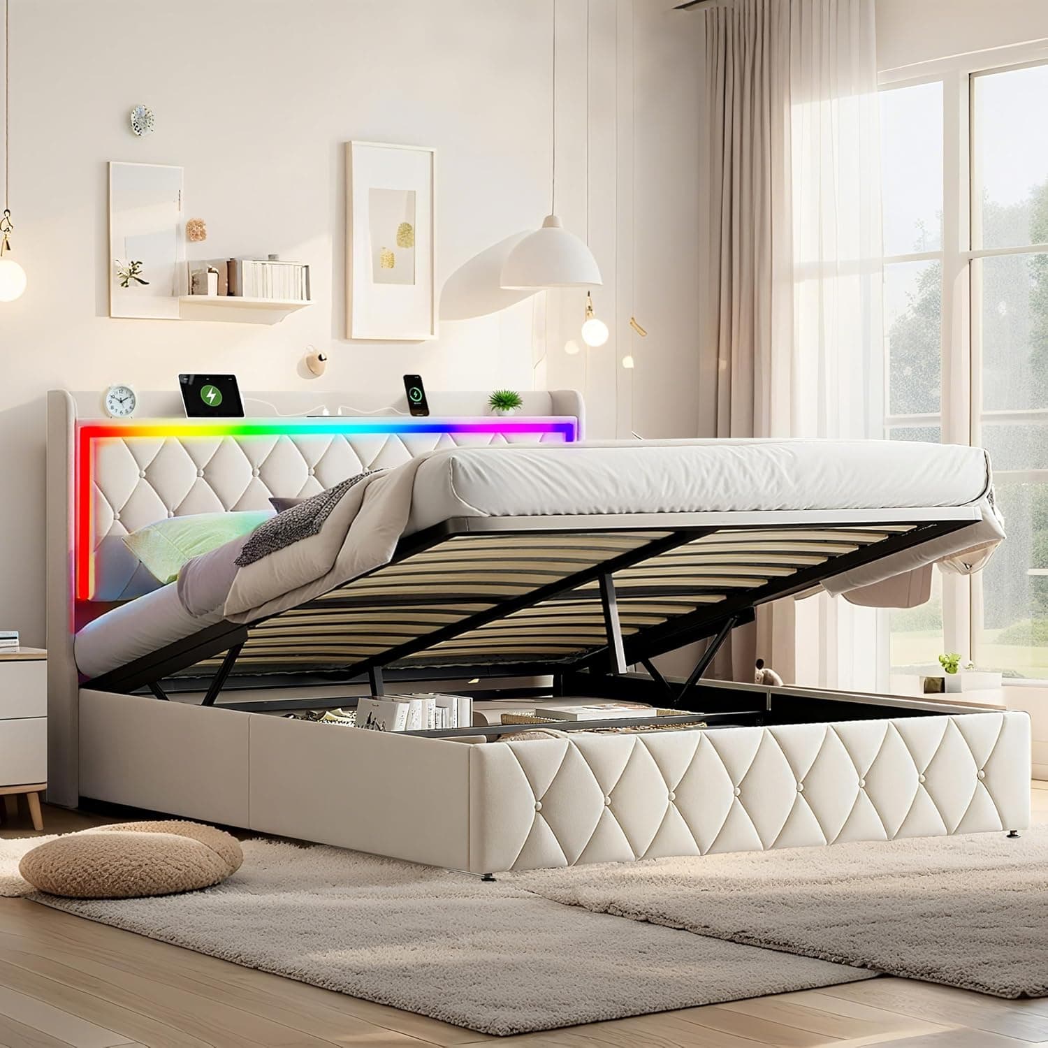 Modern Queen Size Lift Up Storage Bed Frame with Multiple Color LED,Platform Bed with USB & Type-C Charging Station and Headboard,Velvet Upholstered Bed with Ample Storage Underneath (Beige,Queen)