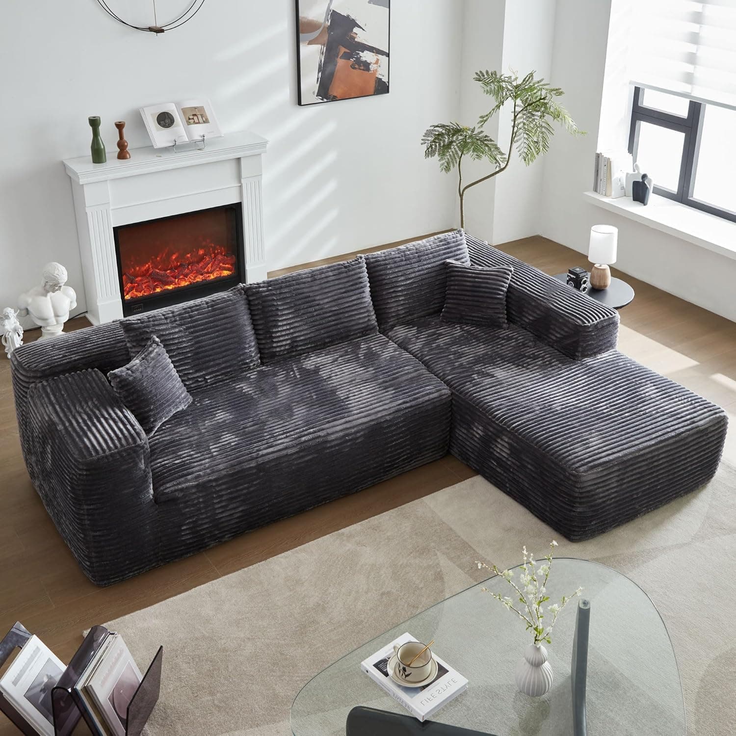 104" LShaped Modular Sectional Sofa Couch - Comfy Upholstered Cloud Couches for Living Room - Modern Minimalist Couch,Deep Seat,No Assembly Required (Gray,Plush Corduroy, Right Facing Chaise)