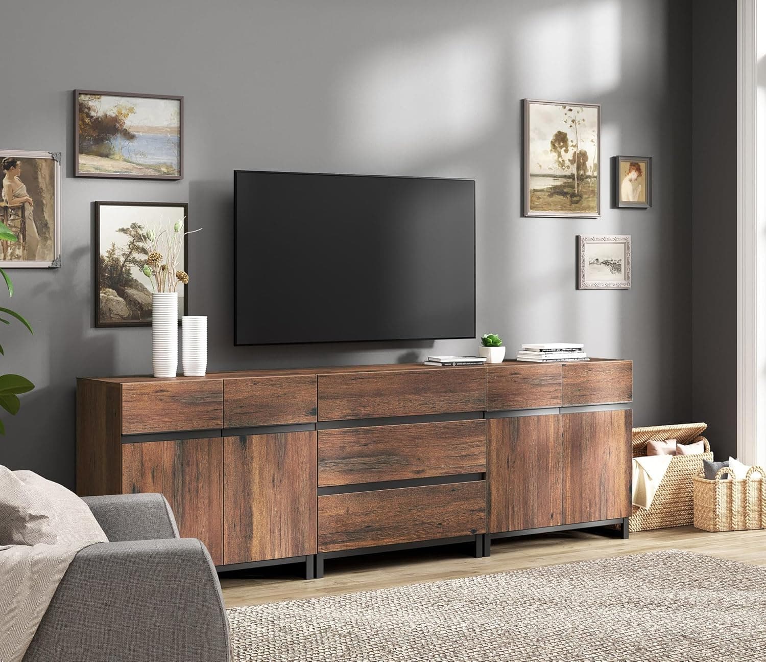 WAMPAT Modern TV Stand for TVs up to 100 inch, 3 in 1 TV Console with Adjustable Shelves and 3 Drawers, Media Console for Living Room, Bedroom, Brown