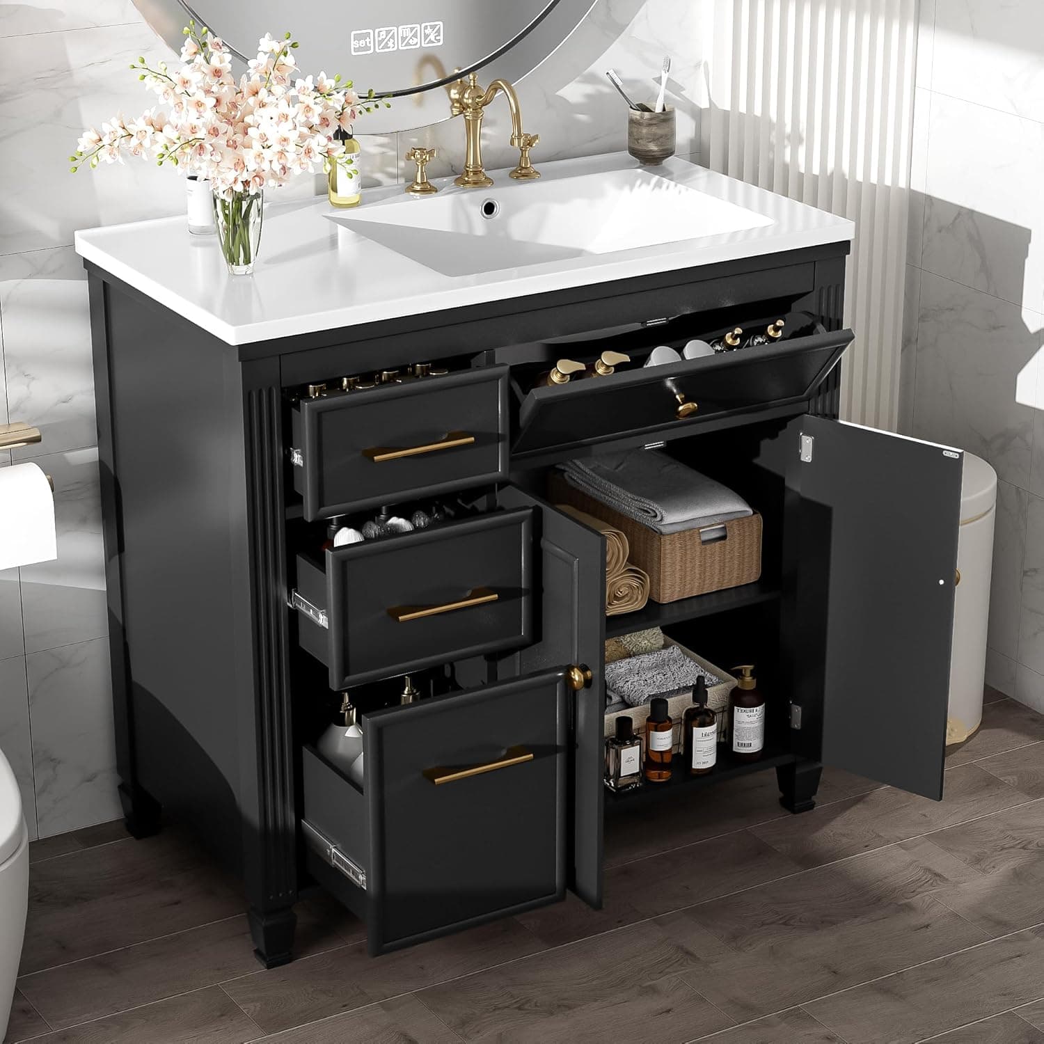 36" Vanity with Sink, Bathroom Vanities 36 Inch with Sink, Single Sink Bathroom Vanity with One Tip-Out Drawer, 3 Side Drawers, Adjustable Shelf, 36 Restroom Vanity (Black)