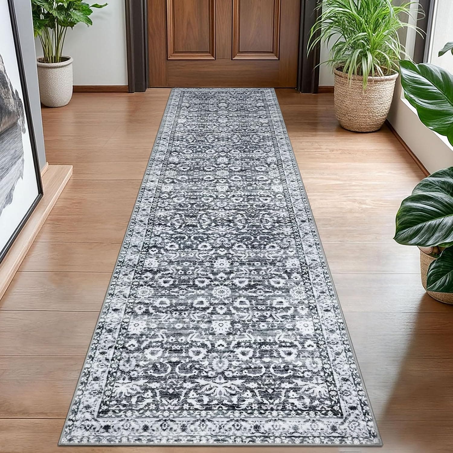 Hallway Runner Rug, Grey Washable Runner Rug 2x8 Vintage Floral Kitchen Rug Runner Non Slip Boho Thin Printed Faux Wool Super Soft Carpet for Entryway Bedroom Laundry Room Indoor Home Decor