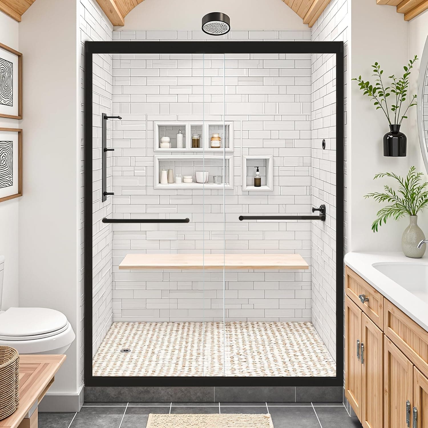 Glass Shower Door 44-48" W x 72" H Bypass, Semi-Frameless Shower Door Double Sliding, Bathroom Sliding Glass Door with 1/4" (6mm) SGCC Certified Tempered Glass Nano Clean, Matte Black