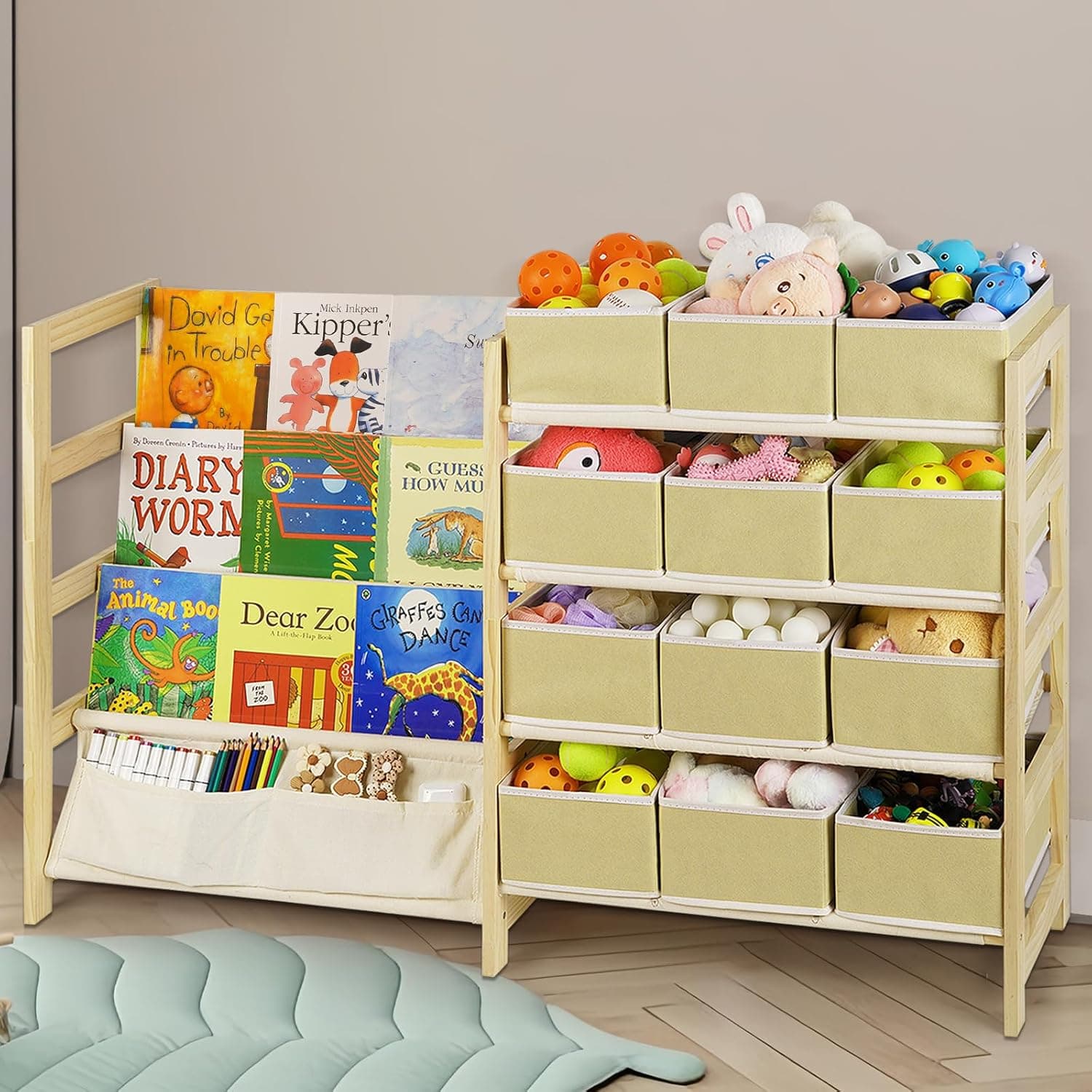 Toy Organizer with Bookshelf, 4-Tier Solid Wood Kids Bookshelf and Toy Storage, Large Capacity Toy Storage with 12 Foldable Toy Bins, Easy Assembly Multipurpose Shelf Organizer
