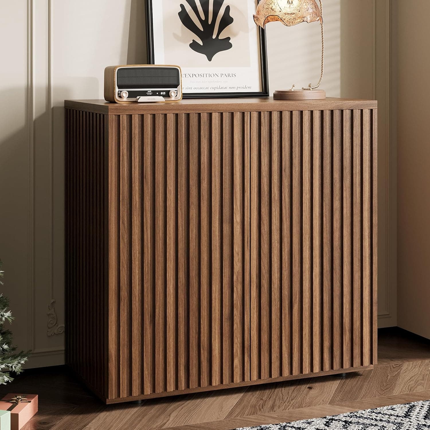 Rophefx Fluted Sideboard Cabinet, Buffet Cabinet with Storage, Credenza Storage Cabinets with Adjustable Shelf, Wood Entryway Cabinets with Pop-up Doors for Living Room, Entryway, Hallway, Walnut