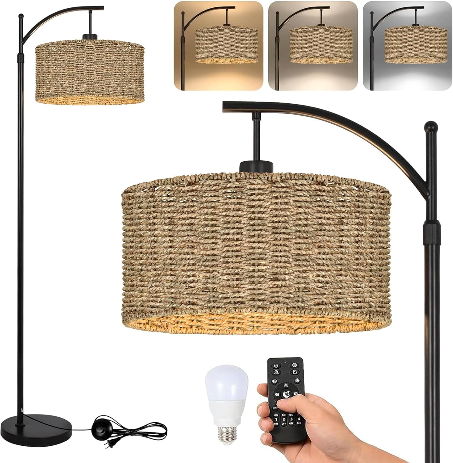 Arc Rattan Floor Lamp for Living Room with Remote,Black Floor Lamps with 3 Color Temperature Dimmable Bulb,Farmhouse Boho Standing Lamp with Wicker Shade,Adjustable Tall Lamp for Bedroom Office Corner