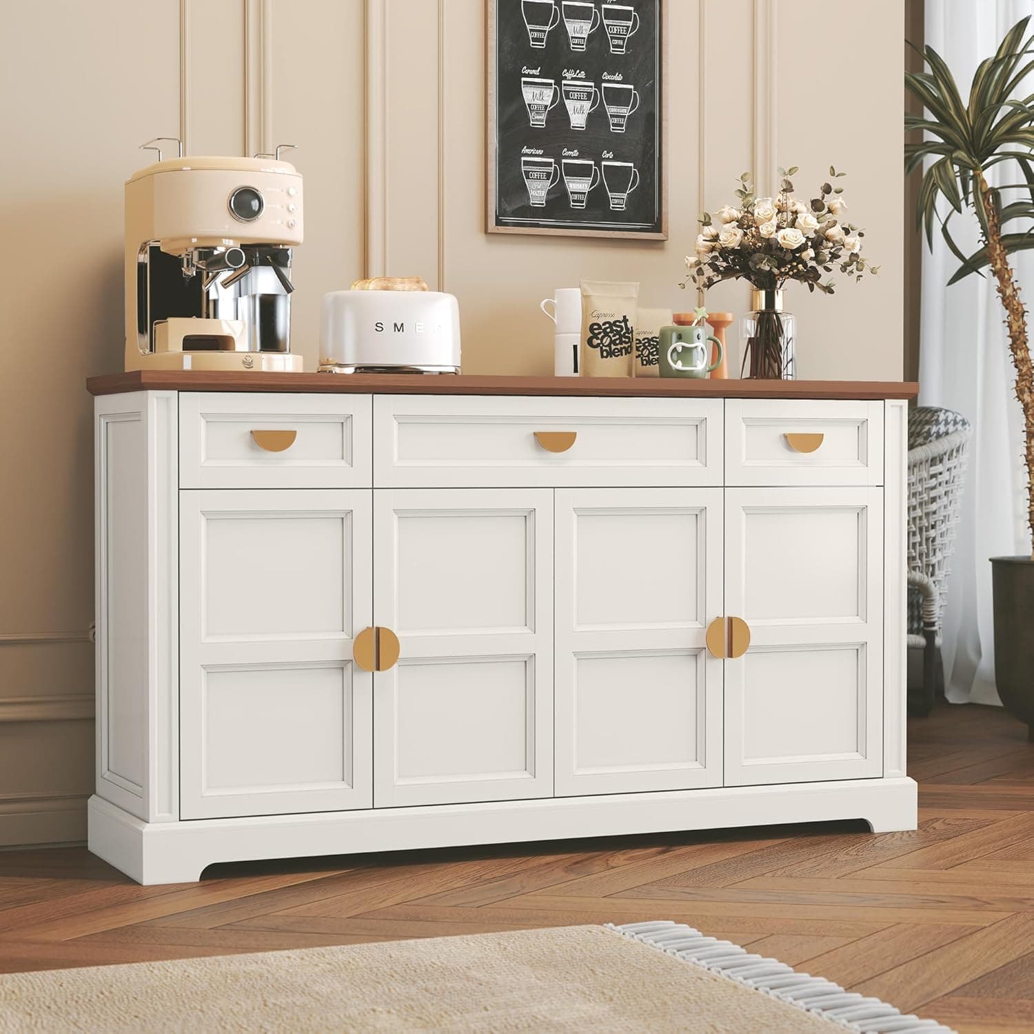 HLR 60” Large Buffet Sideboard Cabinet with 4 Doors and 3 Drawers Shaker Style, Coffee Bar Storage Cabinet for Dinning Room, Kitchen, Living Room, White
