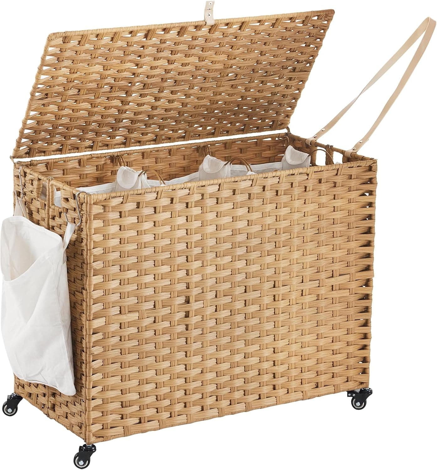 Laundry Hamper with Wheels, 52.8 Gallon(200L) Rolling Laundry Basket with Lid, 3-Section Rattan Clothes Hamper with 3 Removable Liner & 3 Mesh Bags, Laundry Sorter with Side Pocket, Natural