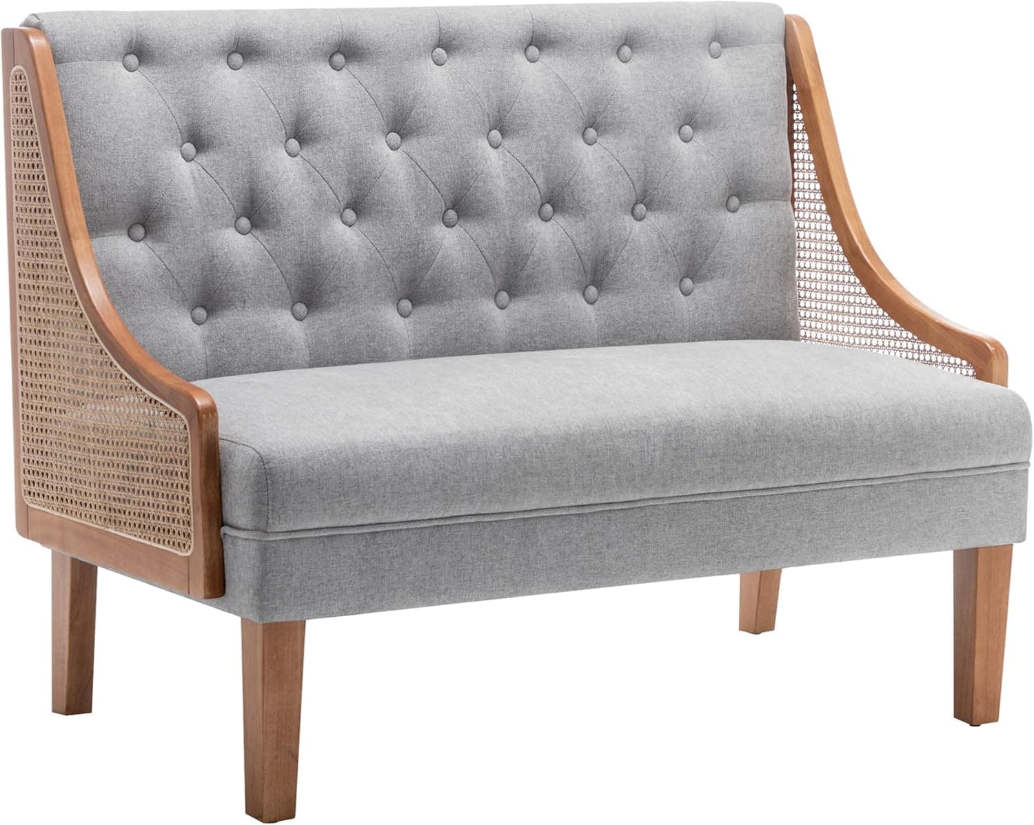Yongqiang Upholstered Settee Bench Small Loveseat Sofa Rattan Dining Bench with Back Banquette Seating for Kitchen Dining Room Living Room Button Tufted Mini Couch Grey