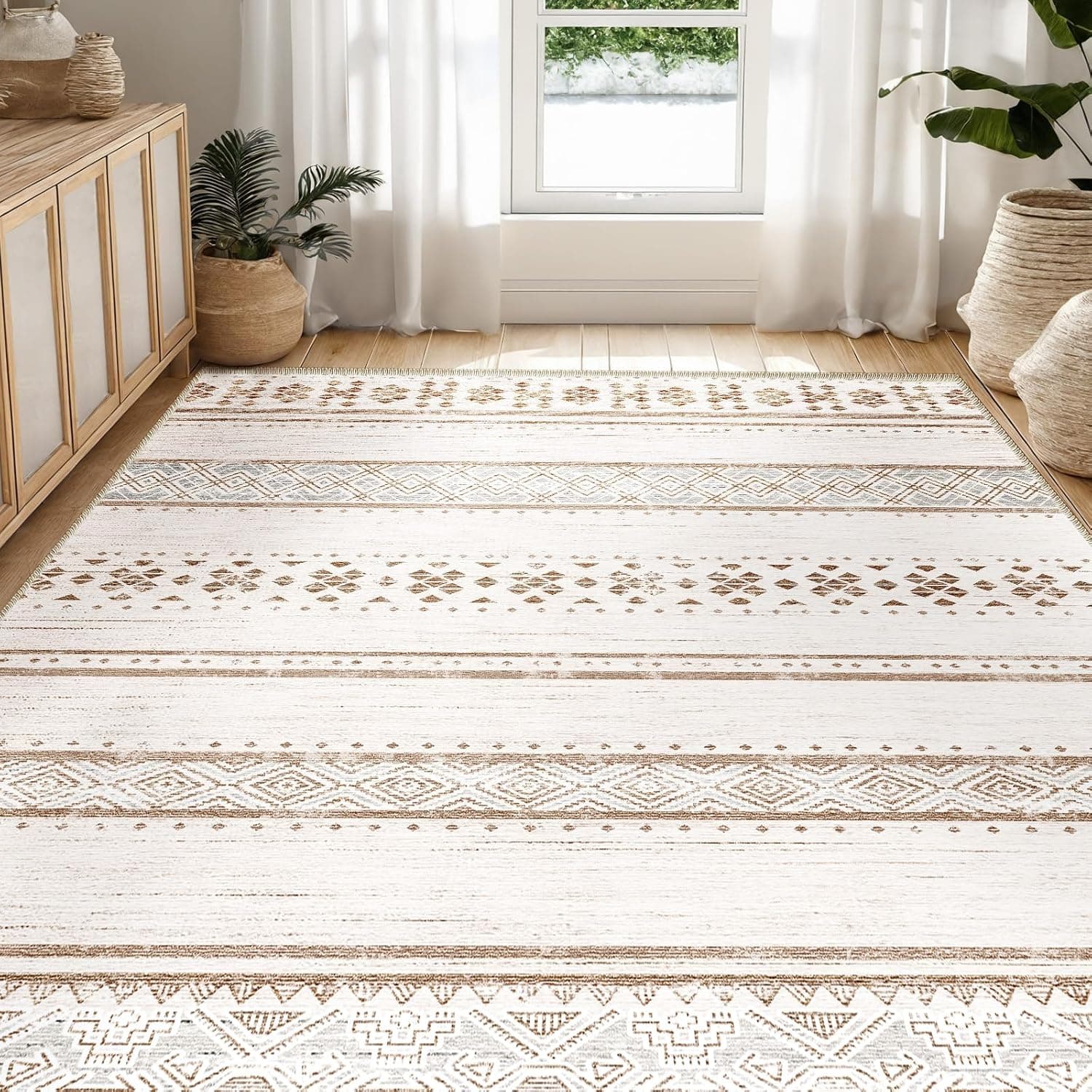 BESTSWEETIE 6x9 Area Rugs for Living Room Washable Moroccan Farmhouse Neutral Geometric Low Pile Non-Slip Soft Print Pattern Rug for Bedroom Kitchen Dining Room Entryway Cream/Brown/Pink