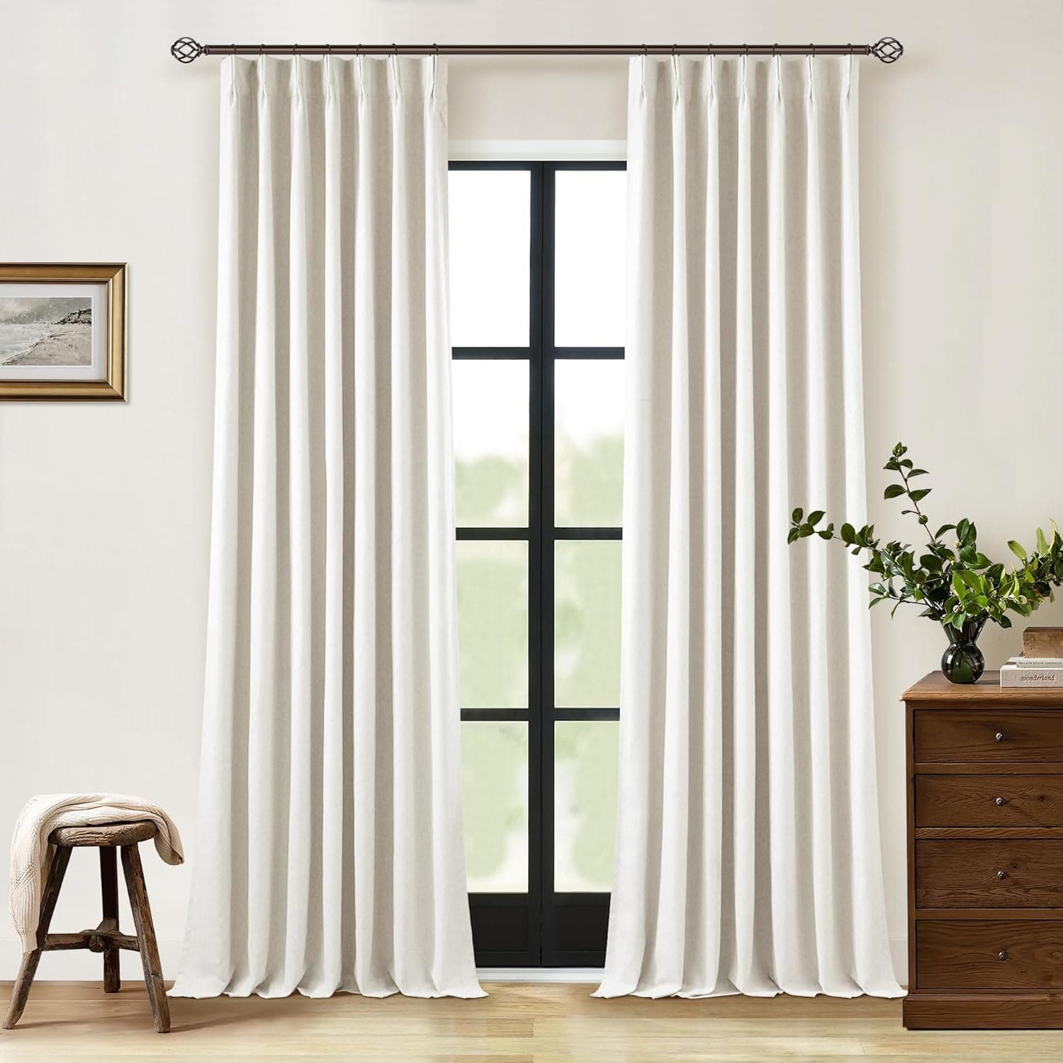 Pinch Pleated Linen Blackout Curtains 96 Inches Long for Living Room 2 Panel Set Cream Ivory 100% Black Out Pinch Pleat Hooks Rings Back Tab 96 Inch Curtain 2 Layer Drapes with Liner Bedroom Window