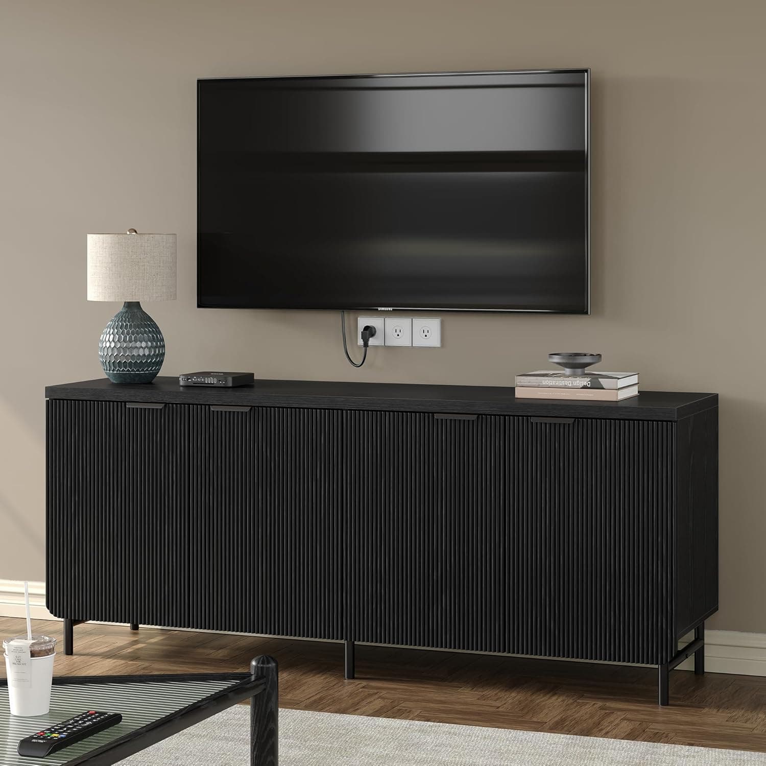 Furniouse 66.2''W Large Fluted Buffet Cabinet with 4 Doors & Shelves Wood Sideboard Buffet Table Storage Cabinet Modern Accent Console for Living Room, Black