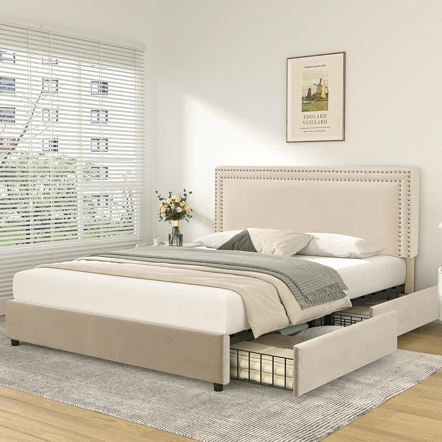 VECELO Full Size Upholstered Platform Bed Frame with 4 Storage Drawers, Adjustable Velvet Rivets Headboard, Wooden Slats Support, No Box Spring Needed, Easy Assembly