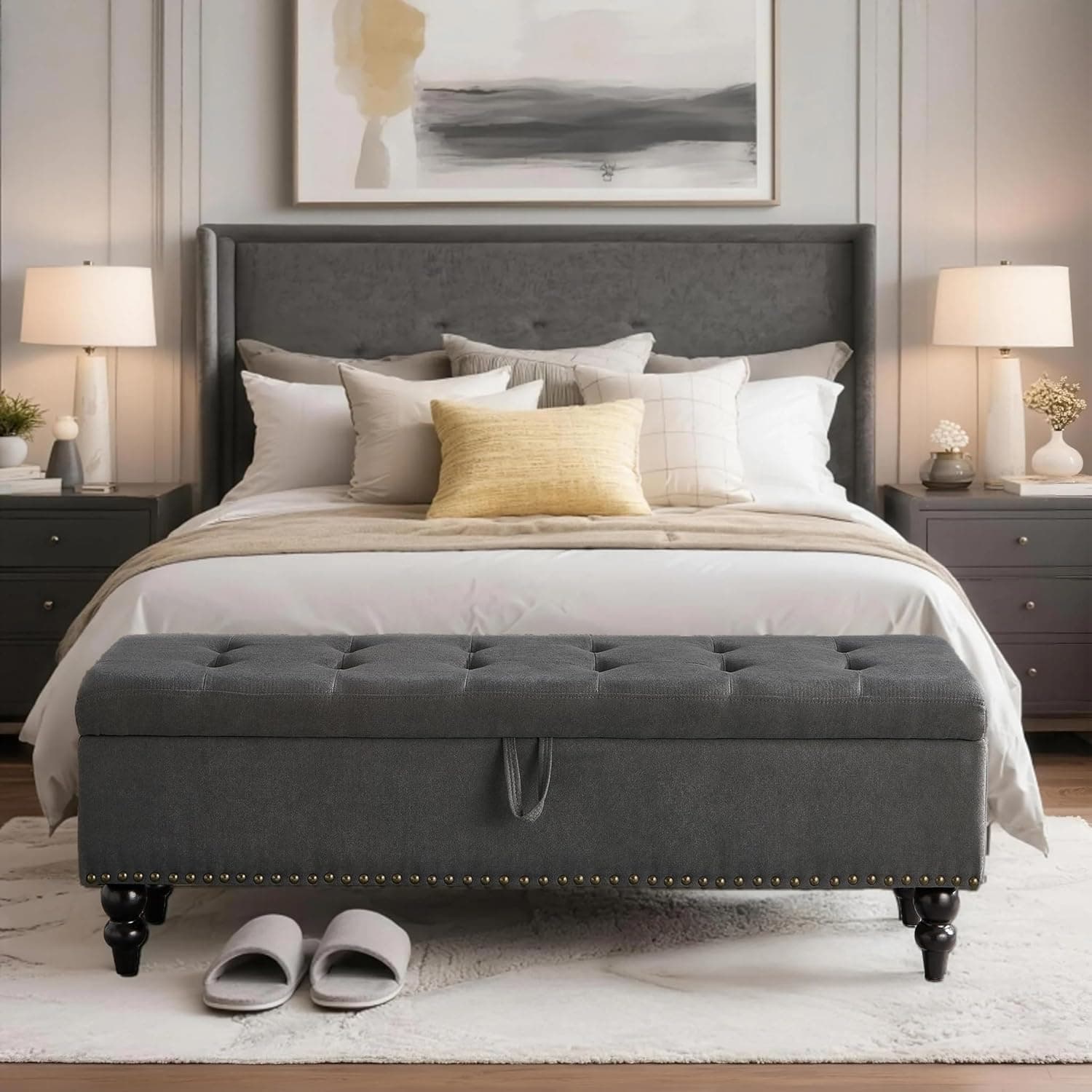 Upholstered Storage Ottoman Bench, 59" Large Foot of Bed Bench with Solid Wood Legs & Copper Nails, for Bedroom Living Room (Grey)