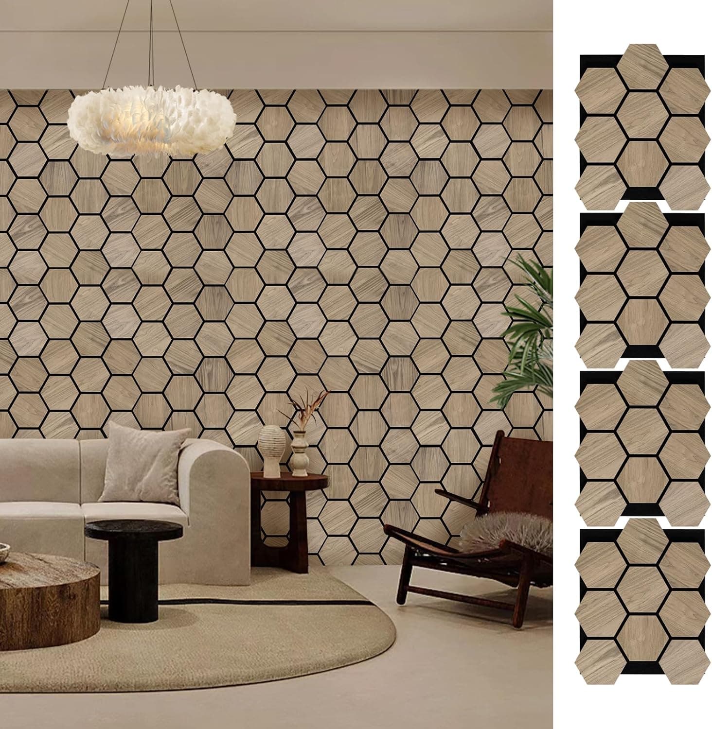 Wall Paneling for Interior Wall - 4 PCS Hexagon Wall Panels - Hexagon Acoustic Panels - Natural Walnut Wood Veneer Sound Proof Panels for Walls, Wood Slat Wall Panel 23.8" W x 29" L