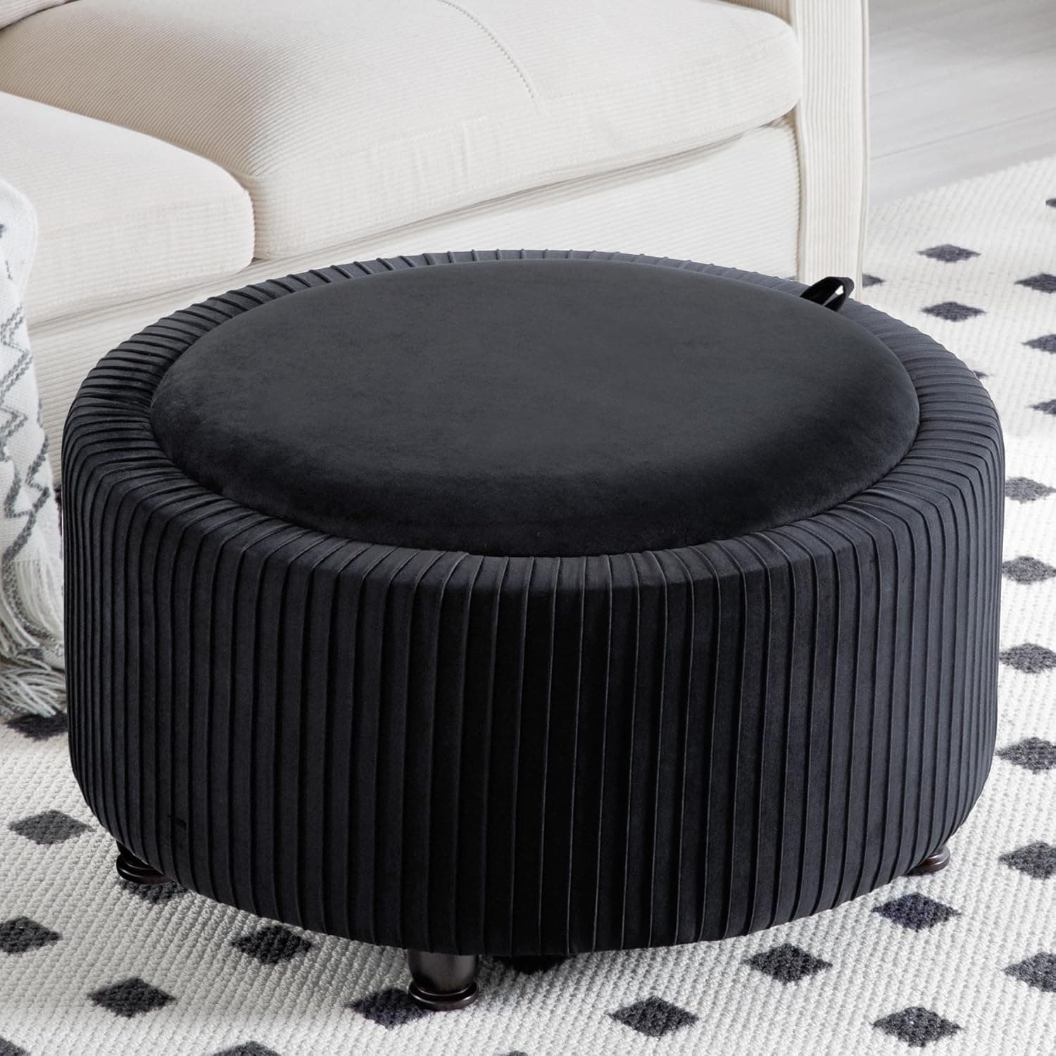 30 Inch Velvet Round Storage Ottoman, Modern Pleated Circle Storage Coffee Table with Removable Top, Upholstered Ottoman Foot Rest for Living Room Bedroom (Black)