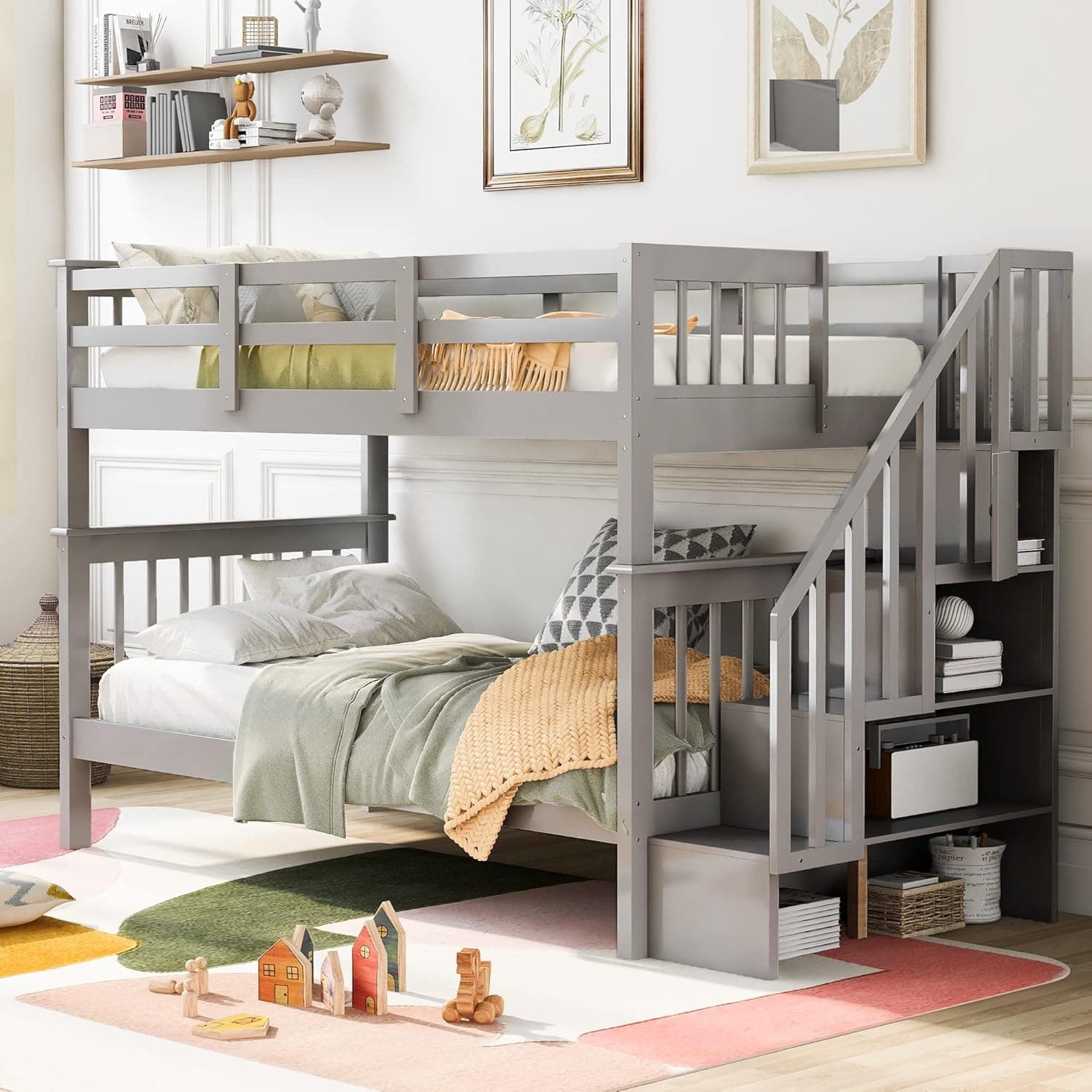 Ball & Cast Twin-Over-Twin Bunk Bed with Storage Ladder and Full-Length Guard Rail,Wood Bunkbed w/Slat Support,Space Saving,Bedframe Furniture for Student Dorms,Studio,Gray