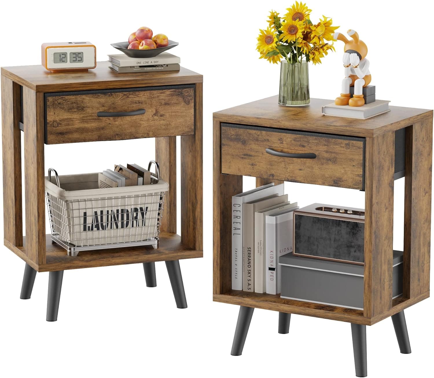 Nightstand Set of 2 with Fabric Drawers and Open Shelves - Rustic Bedroom Side Tables