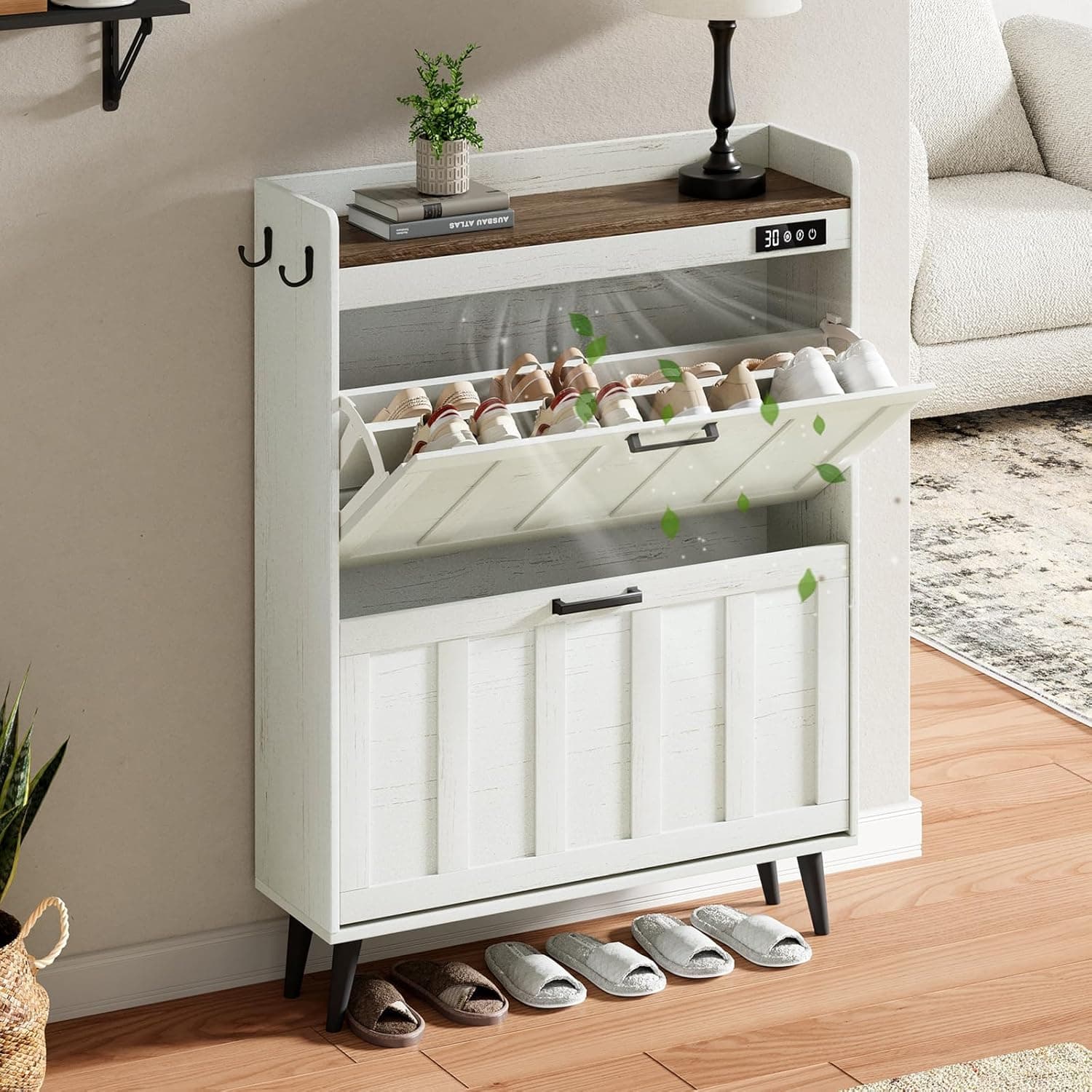 ChooChoo Shoe Storage Cabinet with 2 Flip Drawers, Deodorizing Shoe Organizer Storage for Entryway, Freestanding Hidden Slim Narrow Shoe Rack Cabinet, Antique White & Brown