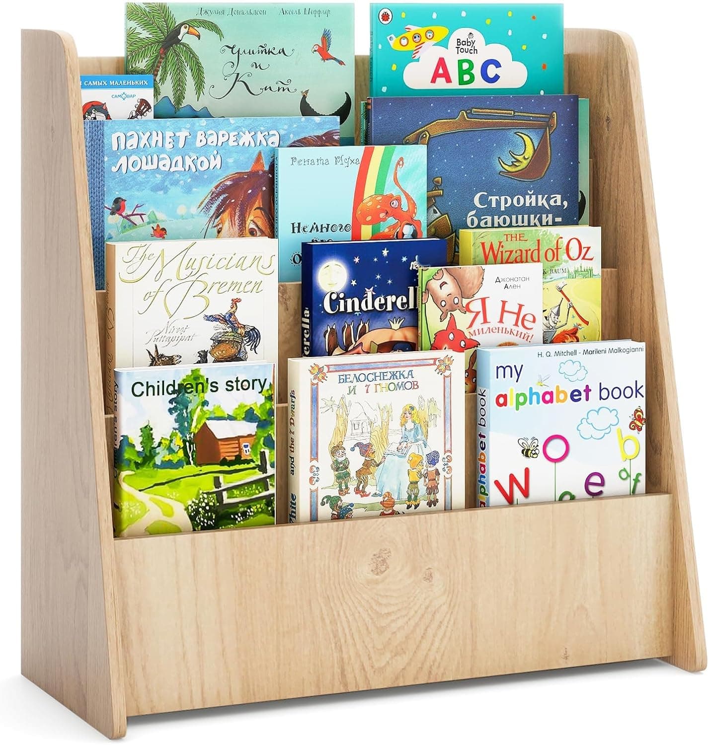 Costzon 4-Tier Kids Bookshelf, Front Facing Children Bookcase with Deep Compartments, Magazine Storage Rack for Kids Bedroom, Playroom, Nursery, Classroom, Kindergarten (Natural)