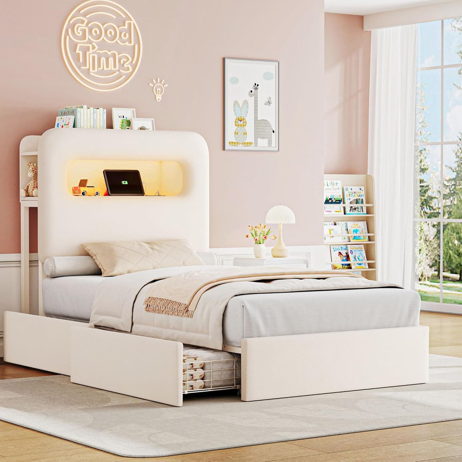 HOSTACK Twin LED Bed Frame with Storage Headboard and Charging Station, Kids Bed Frame with 2 Drawers and USB Ports, Velvet Upholstered Platform Bed Frame with Bookcase, No Box Spring Needed, Cream
