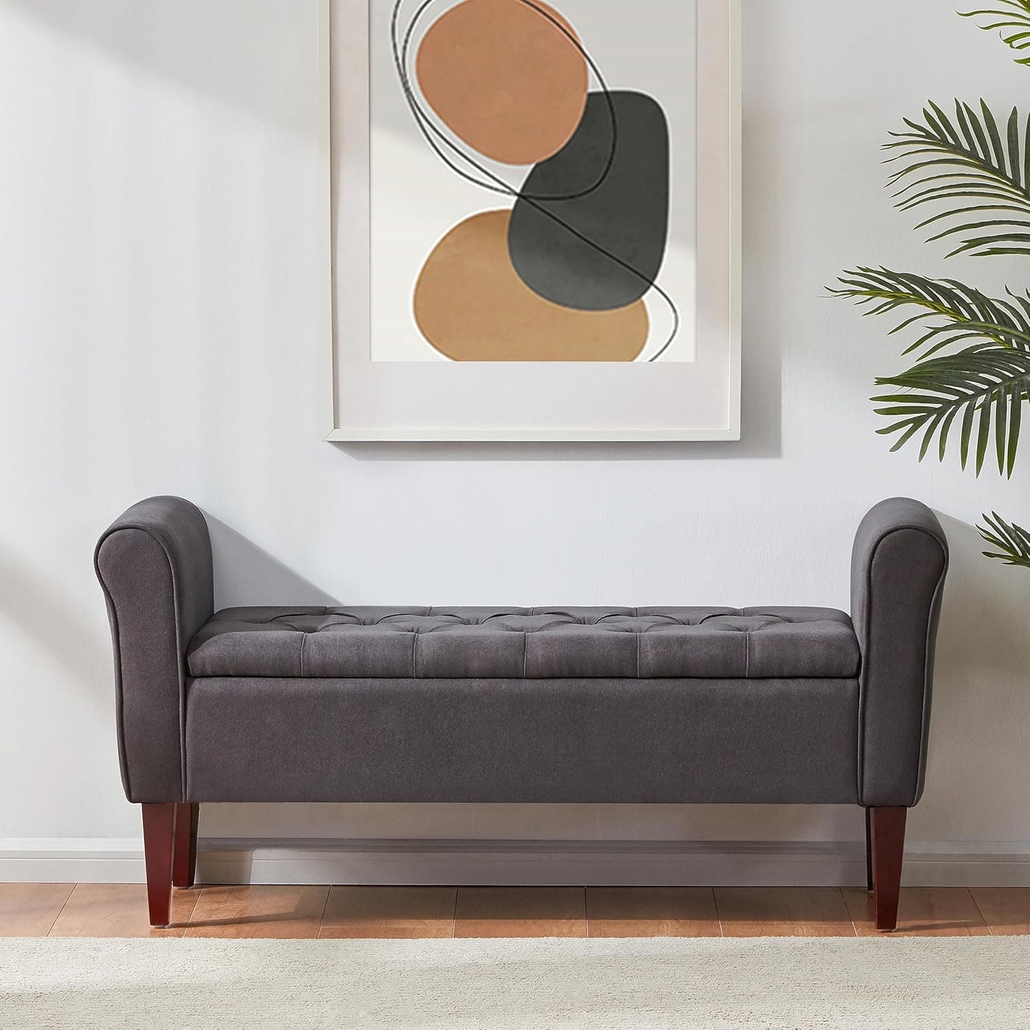 HUIMO 48" Storage Bench, Arm Storage Ottoman with 7.5-inch Solid Wood Legs, End of Bed Bench Indoor, Upholstered Window Sitting Bench for Bedroom, Livingroom, Entryway (Gray)