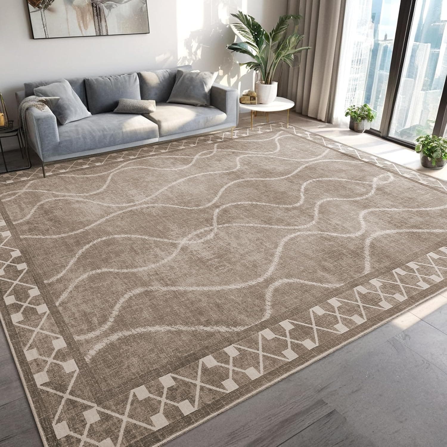 Area Rugs 6x9 Washable Rug, Non-Slip Rugs for Living Room, Low Pile Bordered Rugs Alfombras, Large Print Rubber Backing Indoor Carpet for Home Decor Bedroom Nursery Dining Room, Brown