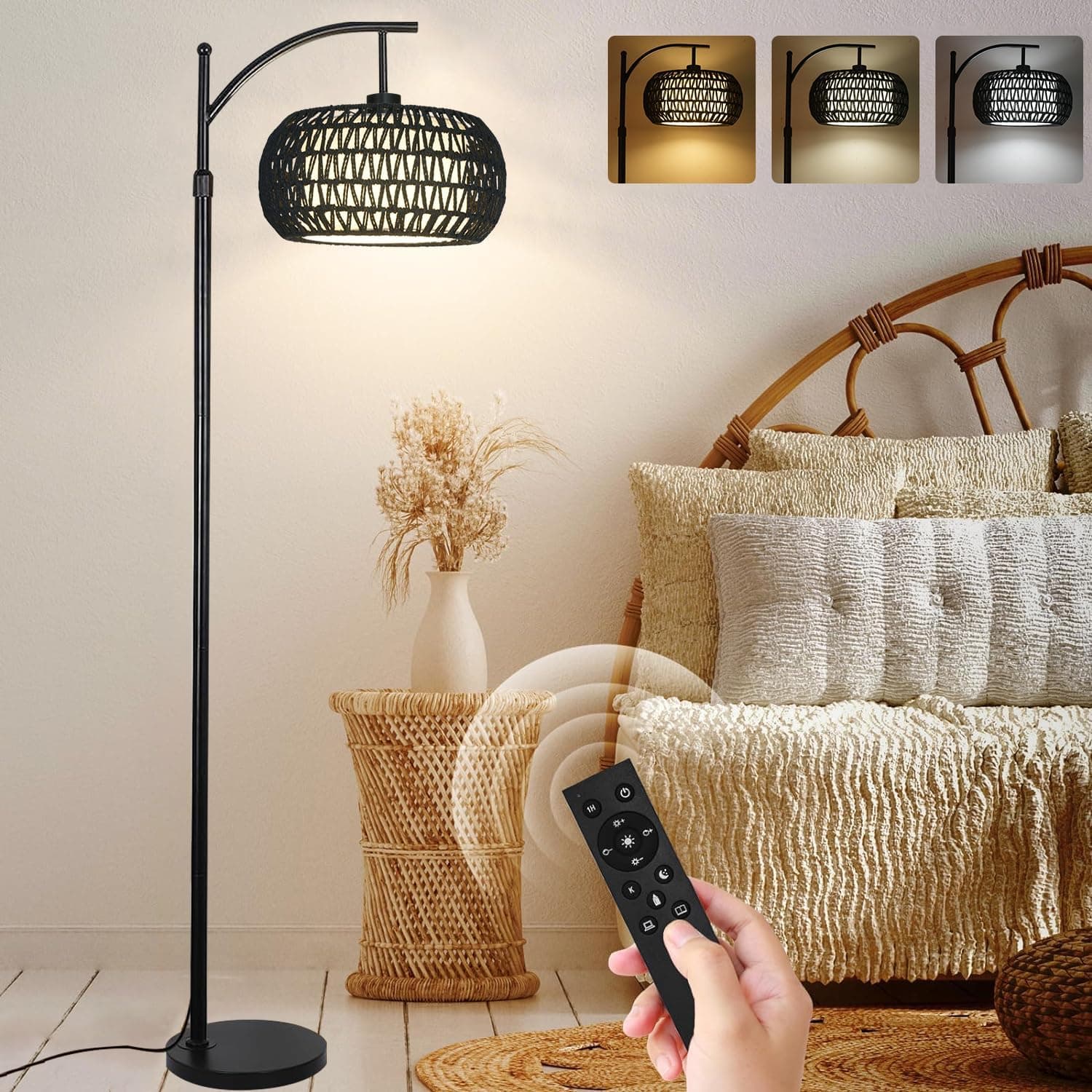 Arc Floor Lamp with 3 Color Temperatures,Black Floor Lamp with Remote Control, Boho Standing Lamp with Rattan Wicker Shades, Farmhouse Tall Pole Lamp for Living Room Bedroom